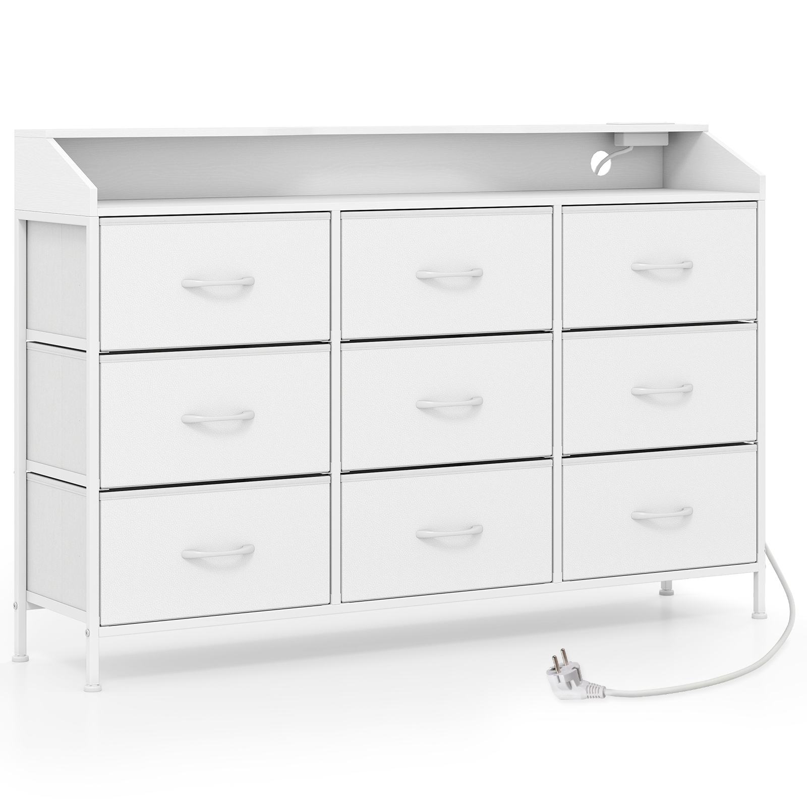 Costway Commode avec Lumières LED Station de Recharge 9 Tiroirs en Tissu & Cadre Métallique Meuble TV pour Télé Jusqu'à 58" Blanc