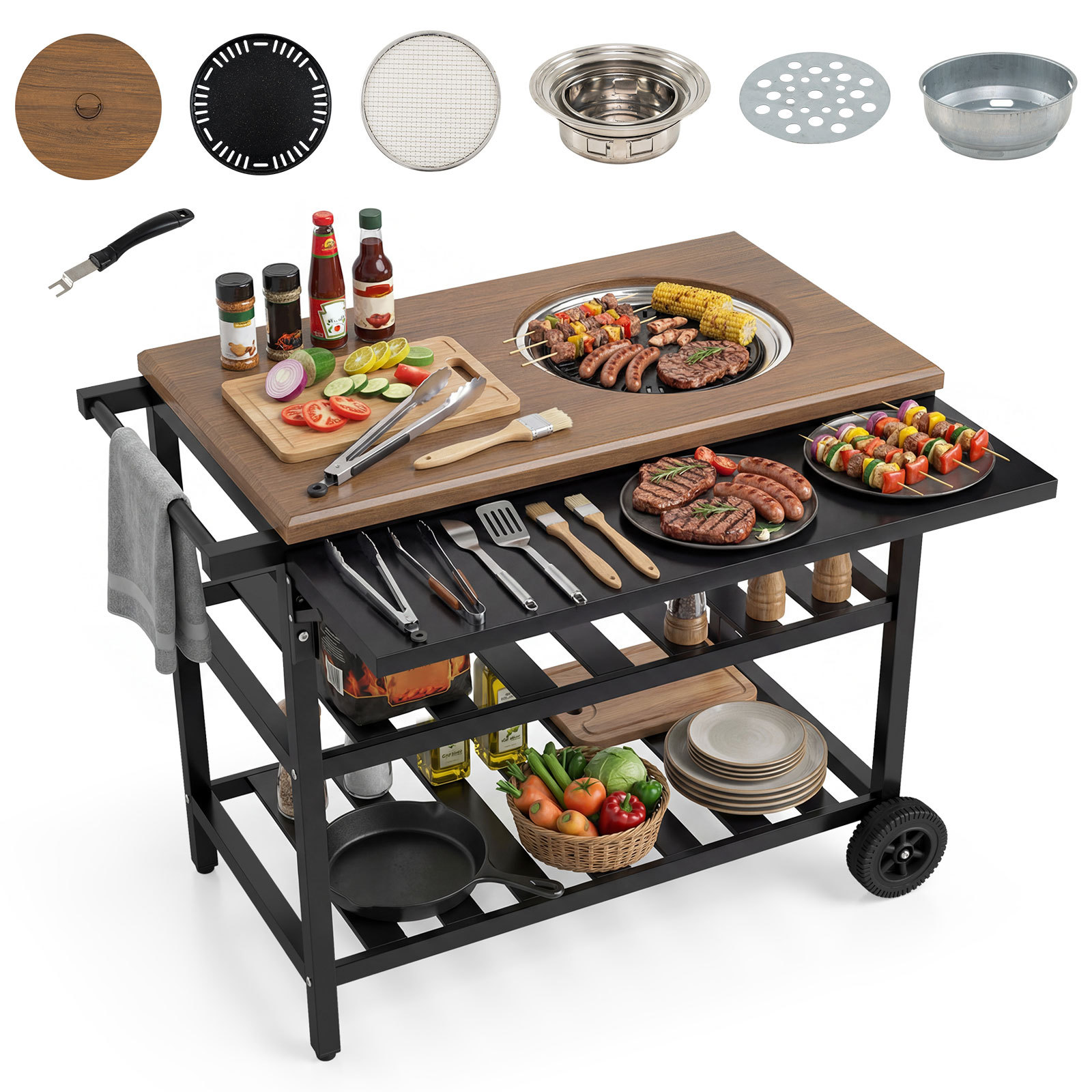 Costway Desserte Plancha Extérieure Chariot de Barbecue avec Four Coréen Plan de Travail Étagères Ouvertes Tablette Latérale Rabattable Naturel