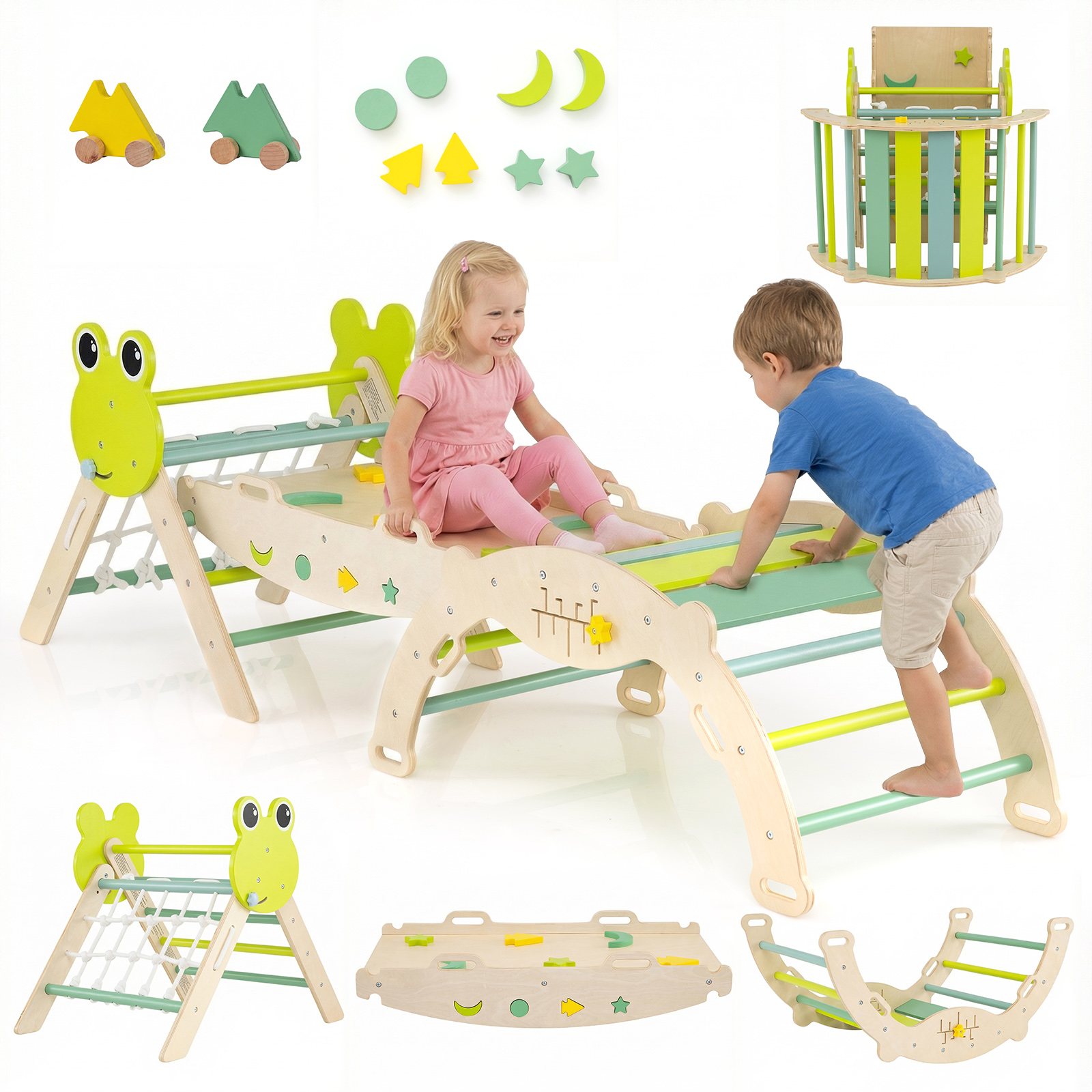 Costway Ensemble d'Escalade Triangulaire Structure d'Escalade Pliable avec Arche Rampe et Échelle Jouet Montessori avec Blocs Thème Grenouille Vert