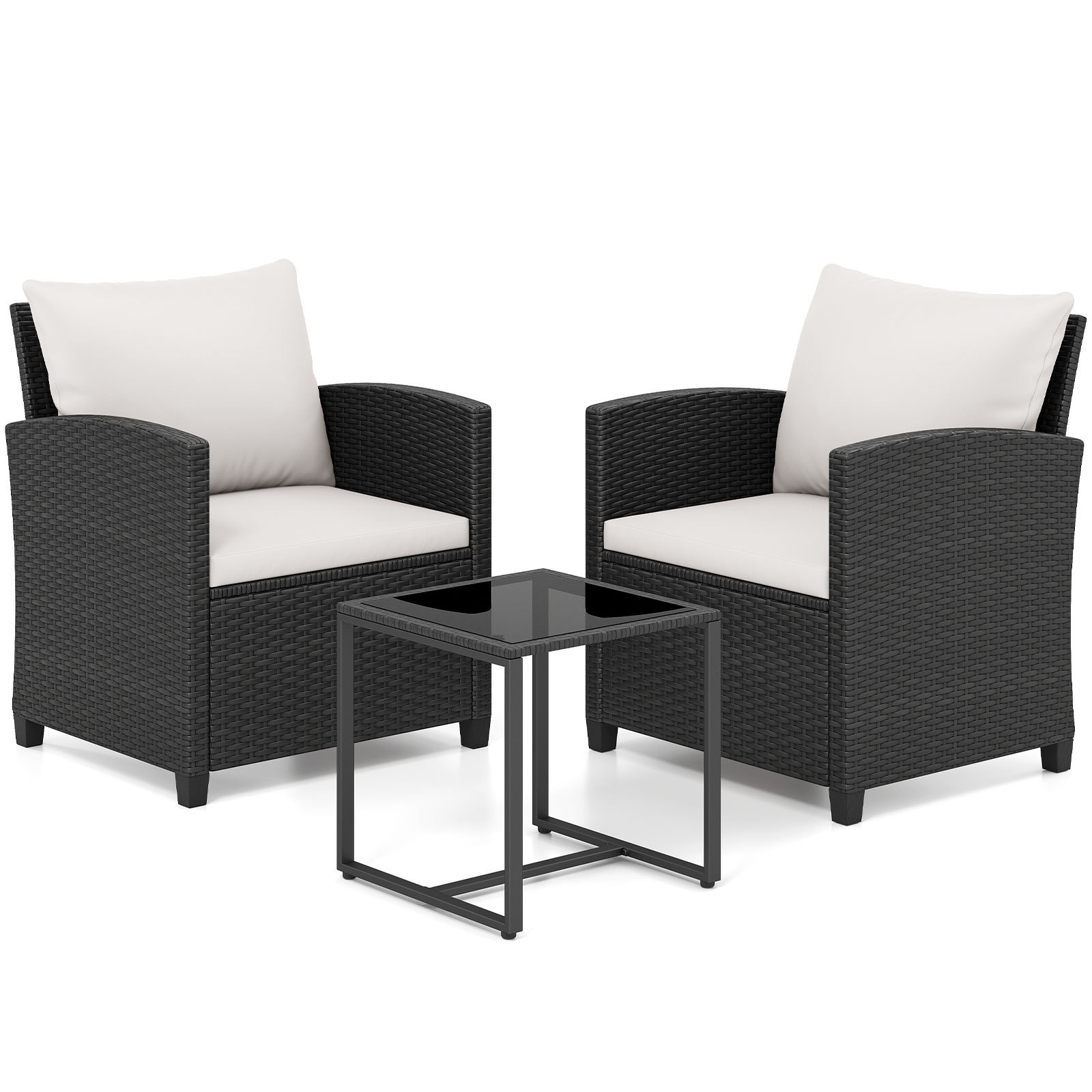 Costway Ensemble de Mobilier de Jardin Extérieur PE Rattan pour 2 Personnes avec 2 Chaises Table Basse avec Plateau en Verre Trempé Beige