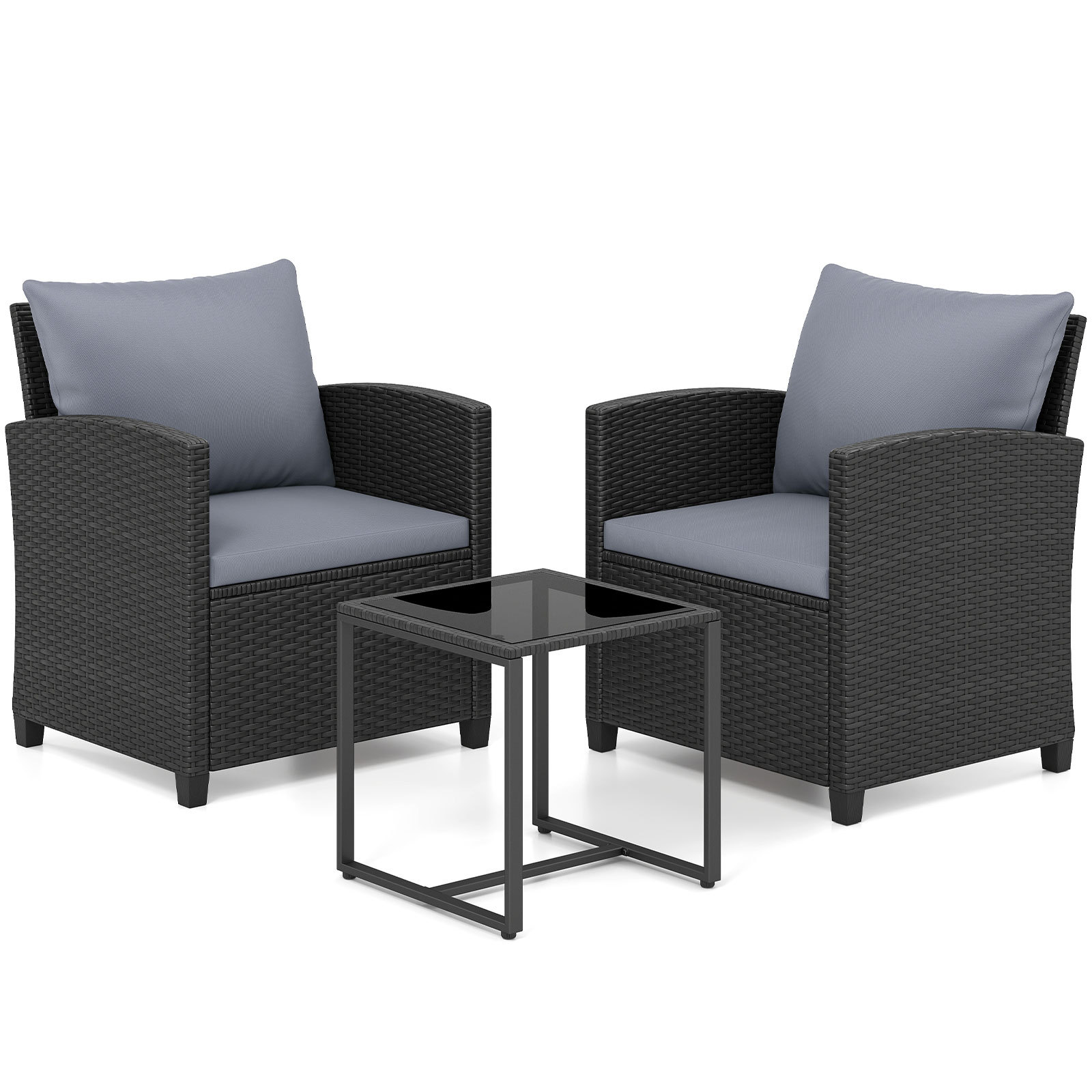 Costway Ensemble de Mobilier de Jardin Extérieur PE Rattan pour 2 Personnes avec 2 Chaises Table Basse avec Plateau en Verre Trempé Gris
