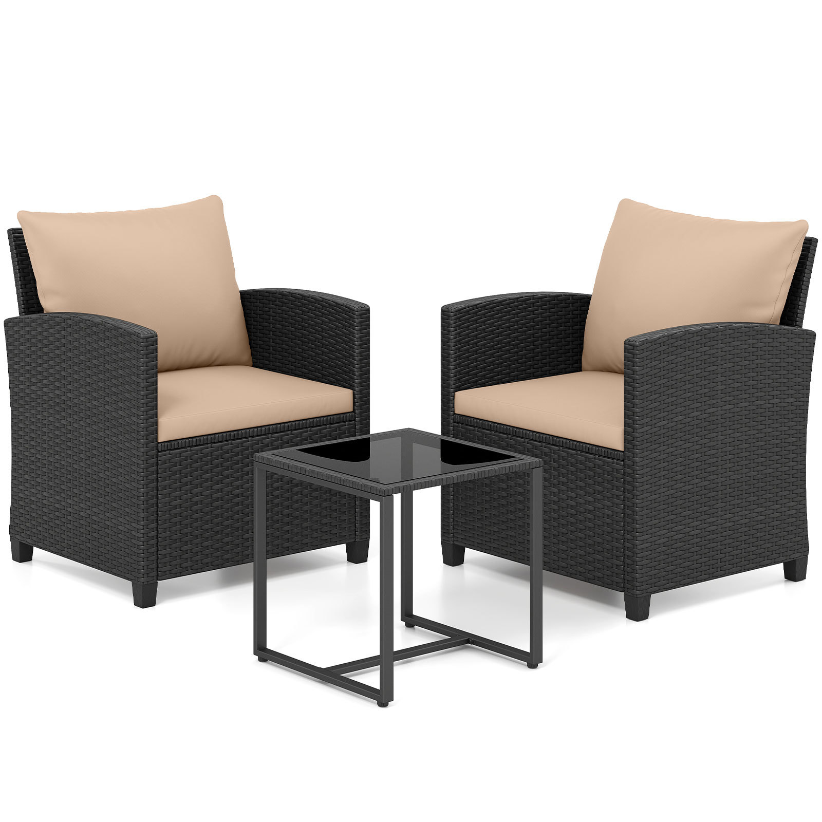 Costway Ensemble de Mobilier de Jardin Extérieur PE Rattan pour 2 Personnes avec 2 Chaises, Table Basse avec Plateau en Verre Trempé Kaki