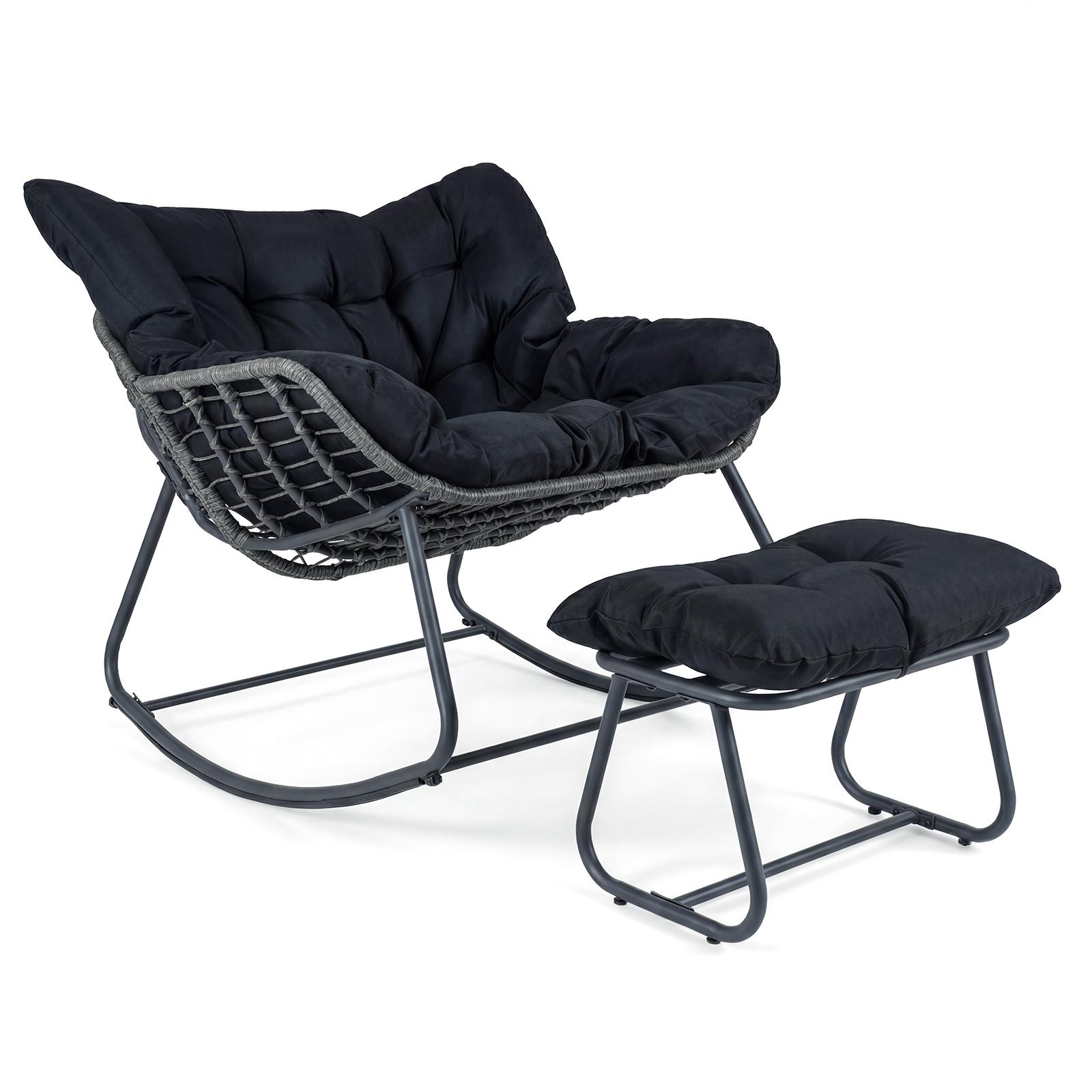 Costway Fauteuil à Bascule Œuf avec Repose-pieds Fauteuil de Jardin en Rotin PE Tressé avec Cadre en Métal Coussin Épais Charge 150 kg Noir