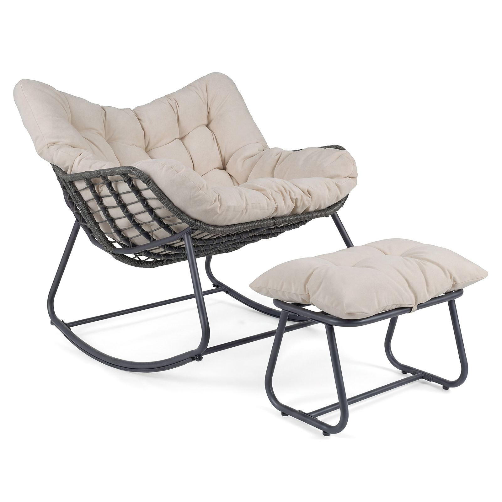 Costway Fauteuil à Bascule Œuf avec Repose-pieds Fauteuil de Jardin en Rotin PE Tressé avec Cadre en Métal Coussin Épais Charge 150 kg Beige