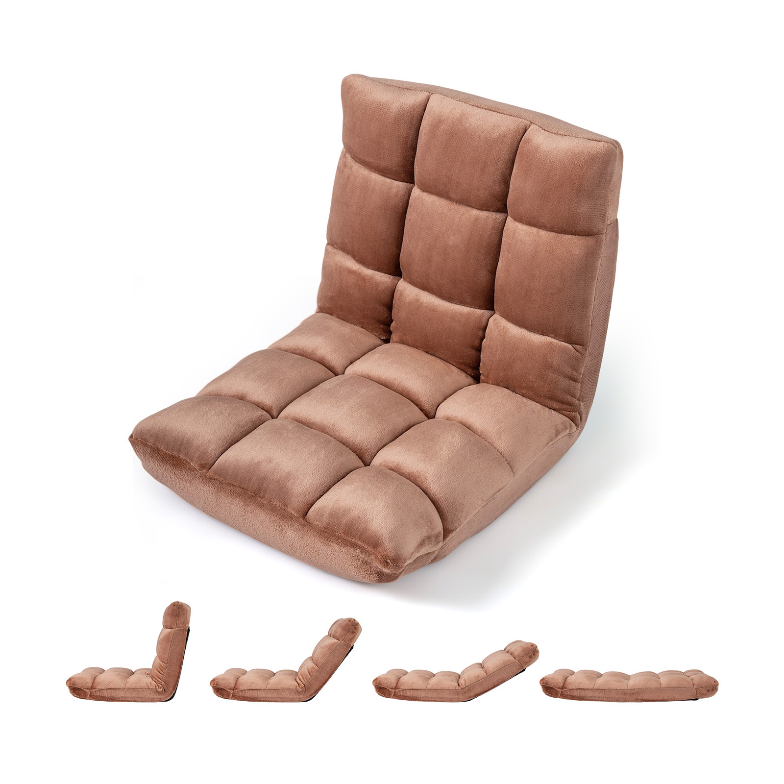 Costway Fauteuil de Sol Pliable Paresseux Tatami Chaise Convertible avec Dossier Réglable 14 Positions Mousse Haute Densité Cadre Métal Beige