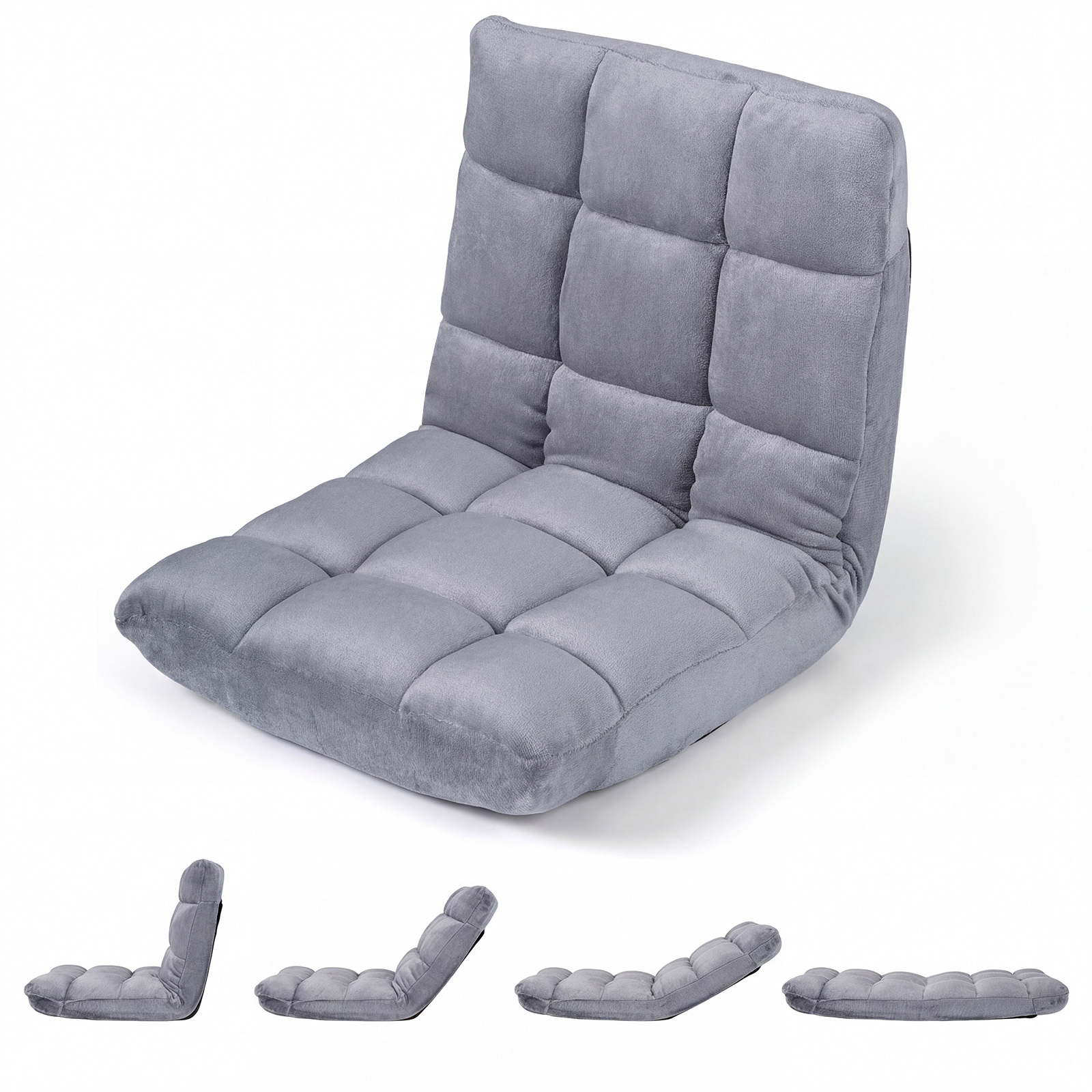 Costway Fauteuil de Sol Pliable Paresseux Tatami avec Dossier Réglable 14 Positions Mousse Haute Densité Cadre Métal Patins Antidérapants Gris