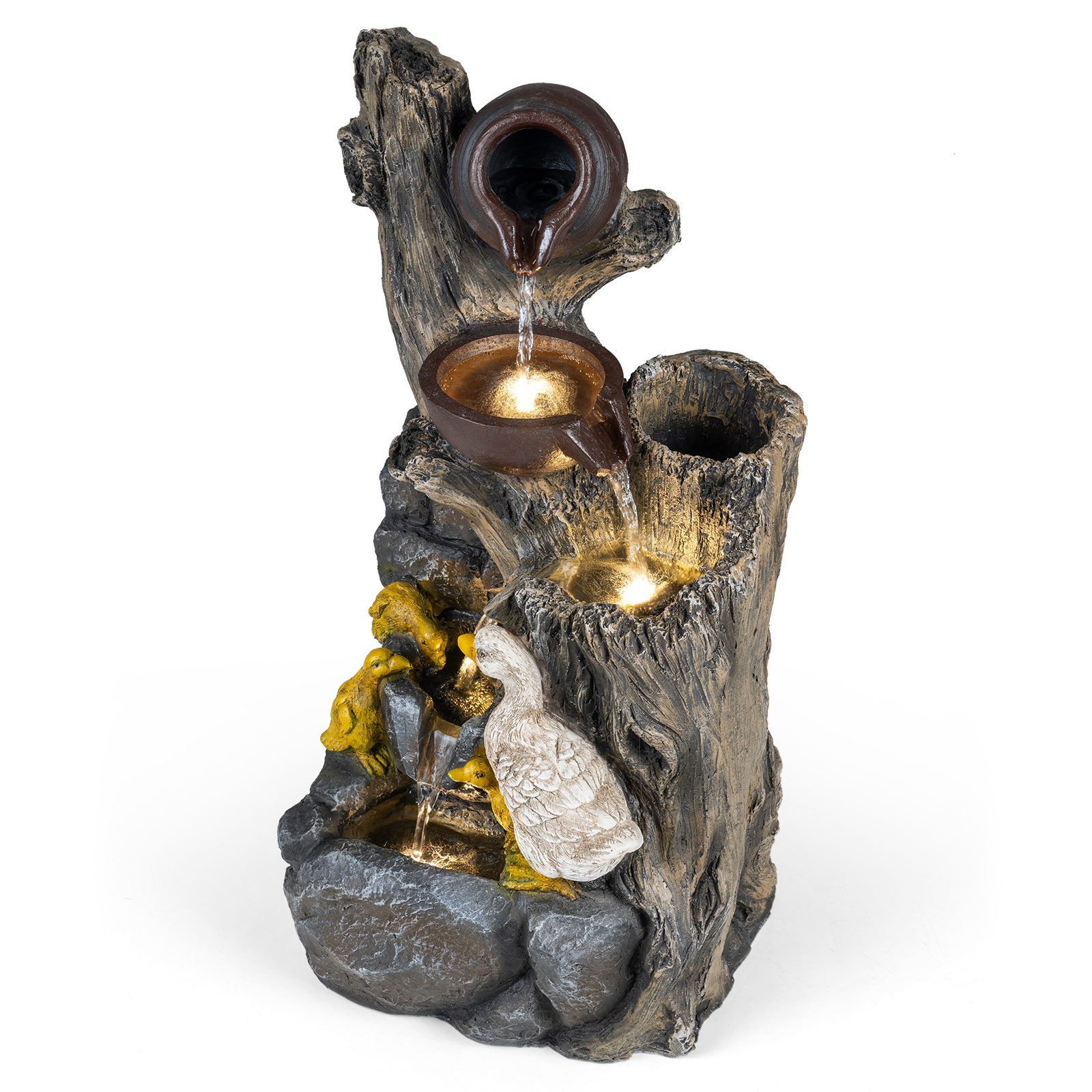 Costway Fontaine de Jardin Extérieur 57 cm avec Éclairage LED Cascade en Résine Aspect Pierre et Bois avec Canards Débit Réglable