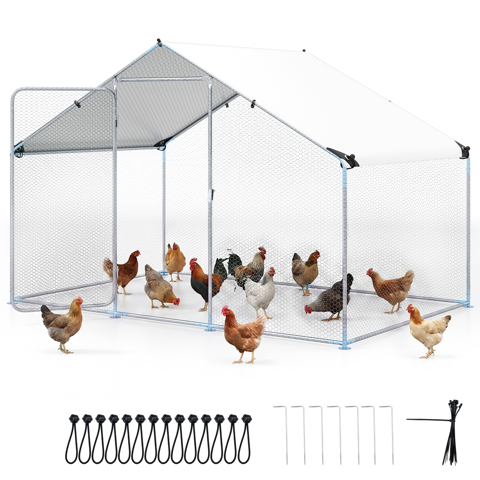 Costway Grand Poulailler 300 x 203 x 202 cm Enclos a Poule en Métal Galvanisé avec Toit Résistant Porte Verrouillable Argent