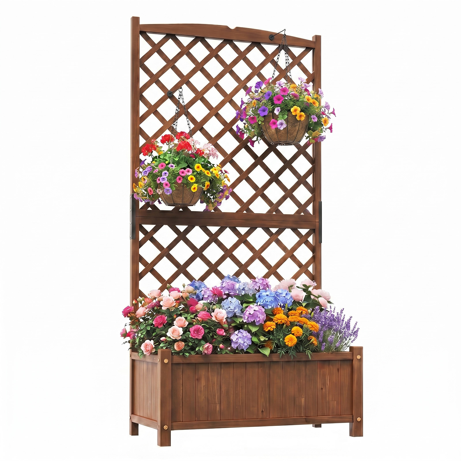 Costway Jardinière avec Treillis Bac à Fleurs Surélevé en Bois de Sapin avec Trous de Drainage pour Plantes Grimpantes 90 x 44,5 x 180,5 cm Marron