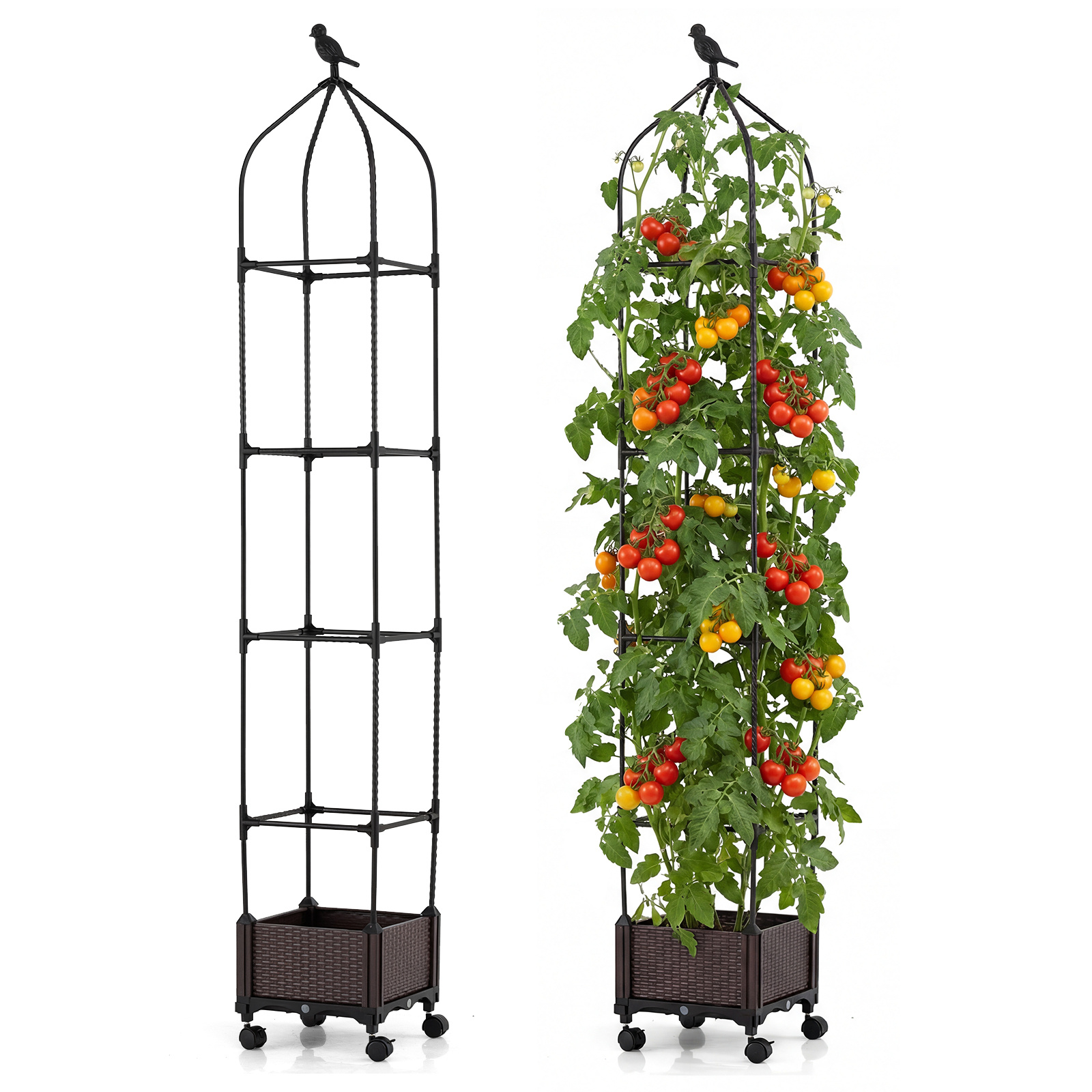 Costway Jardinière avec Treillis Potager Surélevé sur Roulettes avec Arrosage Automatique Hauteur Réglable 200 cm Treillis Obélisque Noir