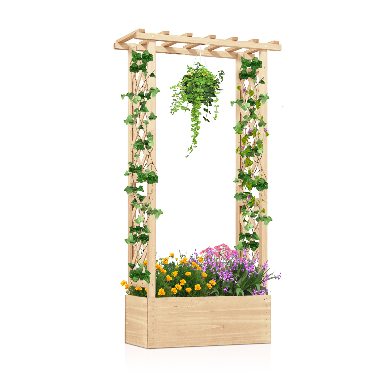 Costway Jardinière avec Treillis Toit Suspendu en Bois avec Trou de Drainage Lit de Jardin Surélevé pour Plante Grimpante 66 x 32 x 153 cm Naturel