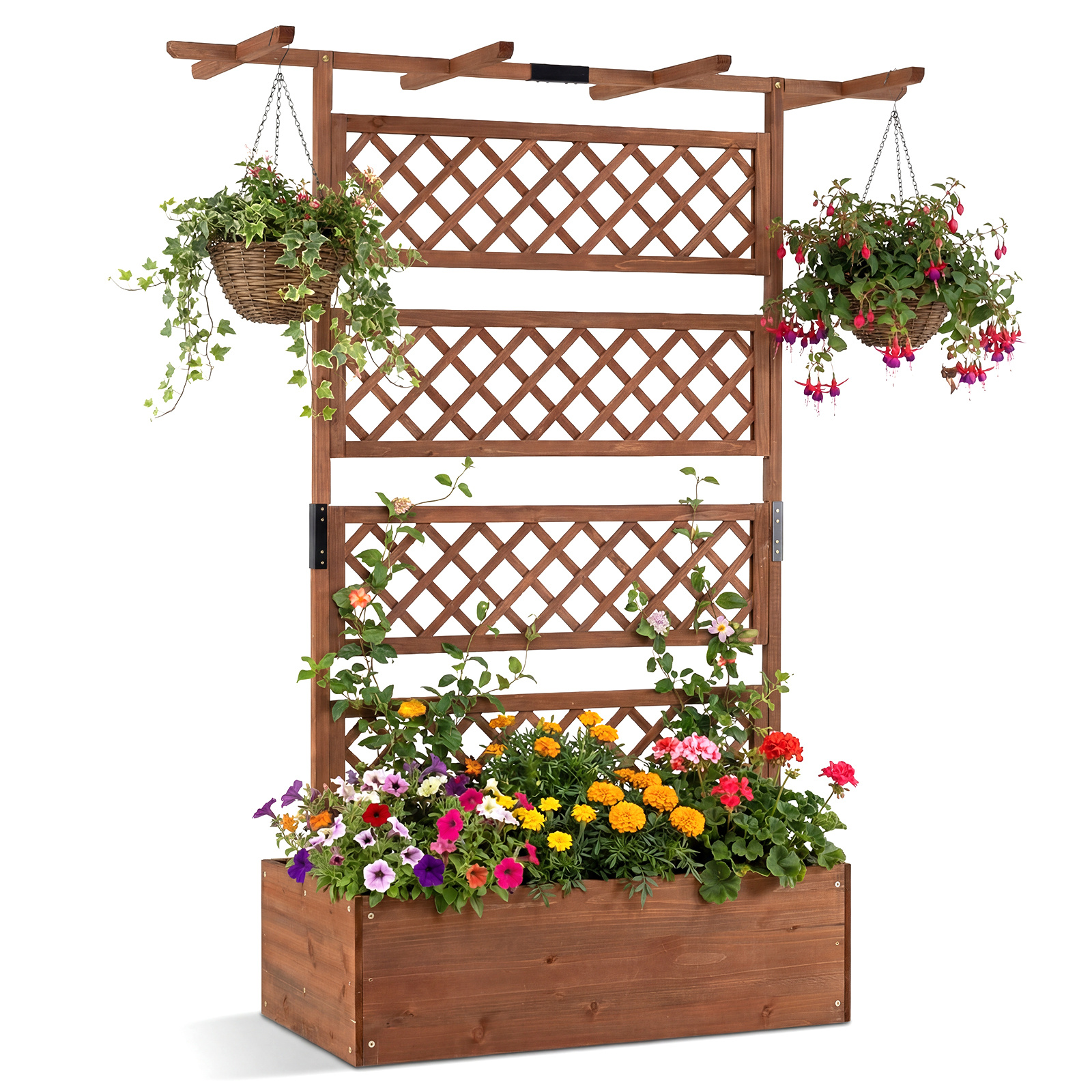 Costway Jardinière avec Treillis en Bois Jardiniere Exterieur Grande Taille avec Trous de Drainage pour Plantes Grimpantes 97 x 52 x 27 CM Marron