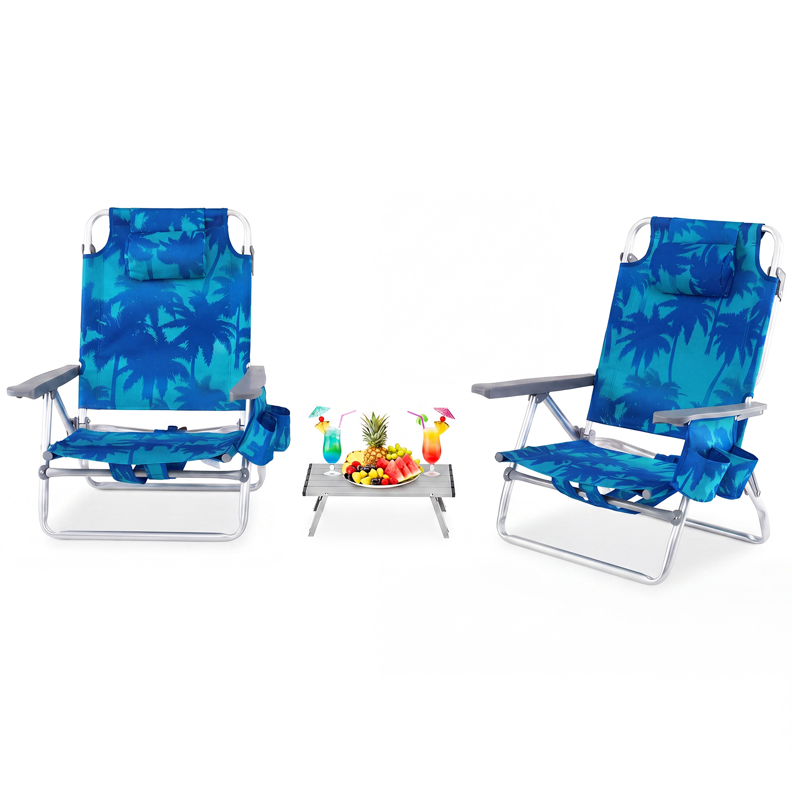Costway Lot de 2 Chaise de Plage Pliable avec Table Basse & Dossier Réglable 5 Positions Appui-Tête Porte-Serviettes Pliable Charge 135KG Bleu