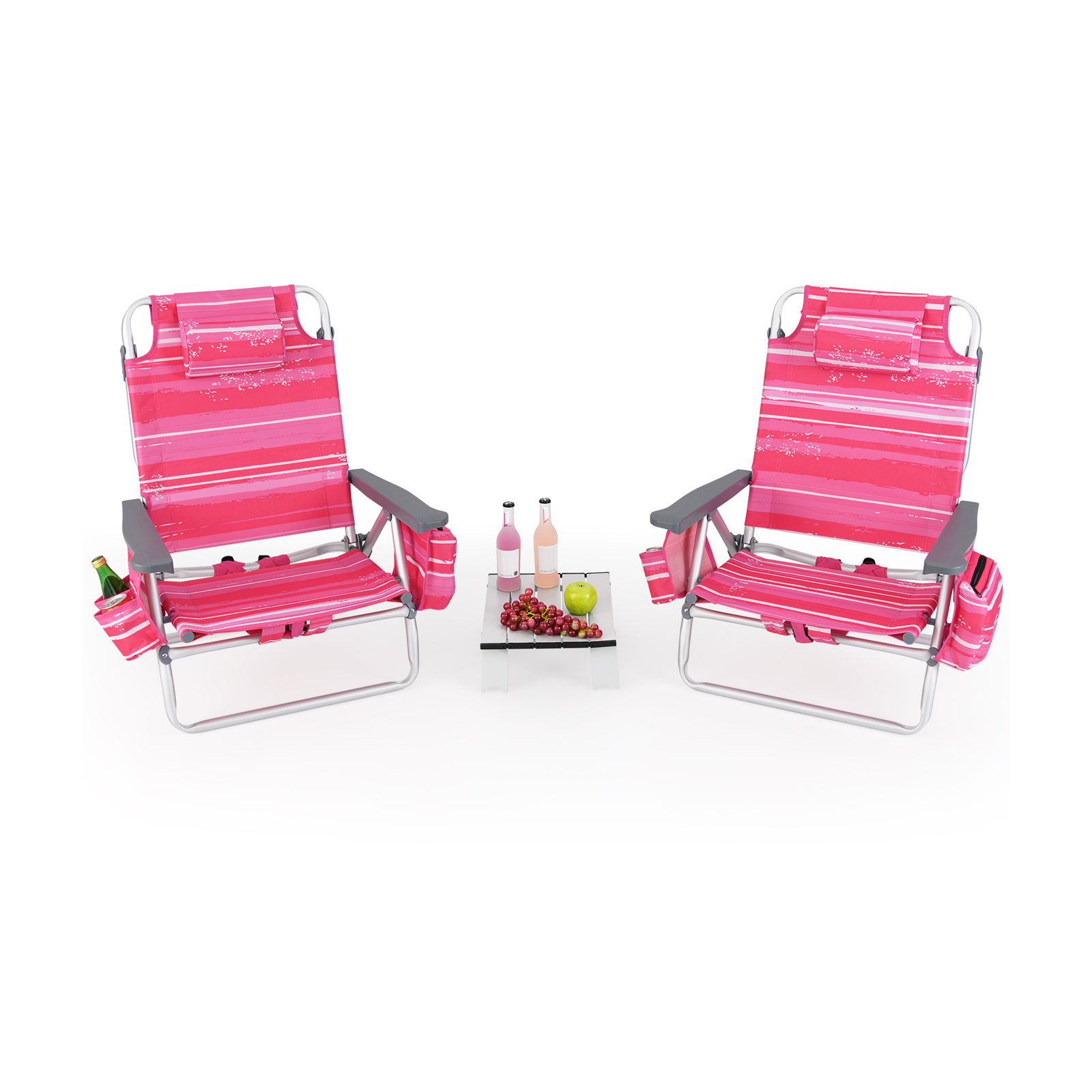 Costway Lot de 2 Chaise de Plage Pliable avec Table Basse & Dossier Réglable 5 Positions Appui-Tête Porte-Serviettes Pliable Charge 135KG Rouge