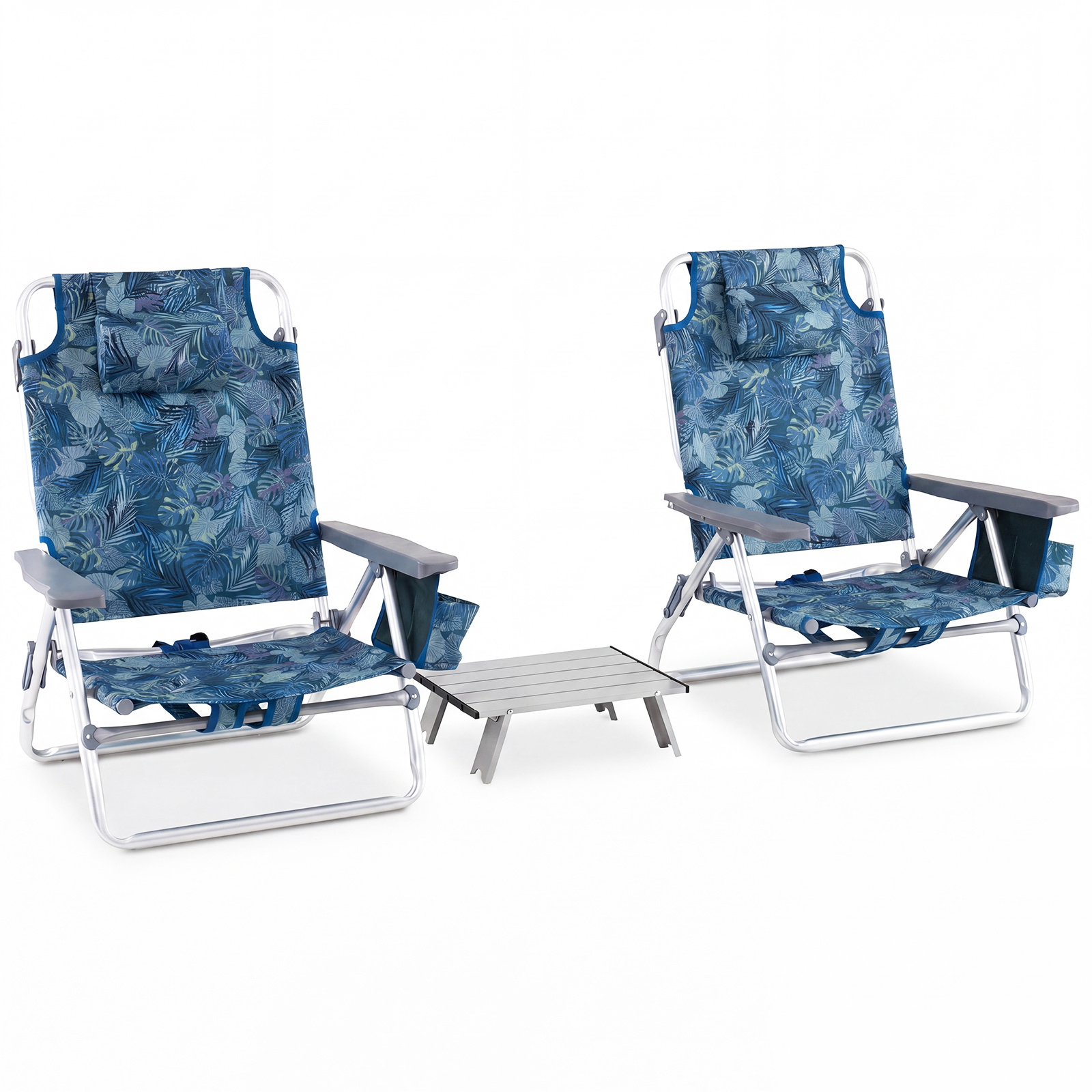 Costway Lot de 2 Chaise de Plage Pliable avec Table Basse & Dossier Réglable 5 Positions Appui-Tête Porte-Serviettes Pliable Charge 135KG Bleu Foncé