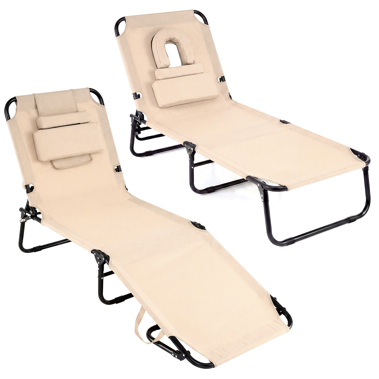Costway Lot de 2 Chaises Longue de Bronzage Pliante Face vers Le Bas Chaise Longue de Plage avec Trou pour Le Visage Transat Solide Beige