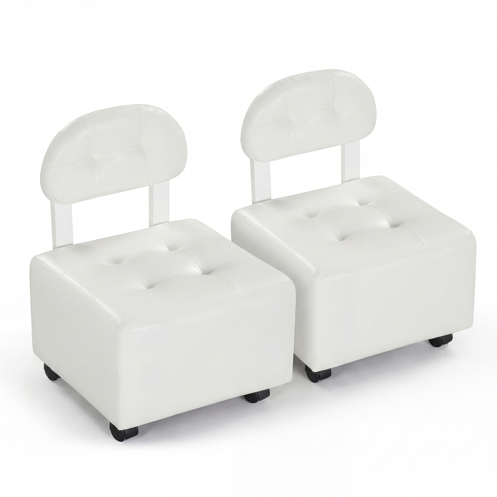 Costway Lot de 2 Tabourets avec Dossier Siège Bas à Roulettes avec Freins Rembourrés Empilables en Similicuir Charge 150 kg 40 x 40 x 55cm Blanc