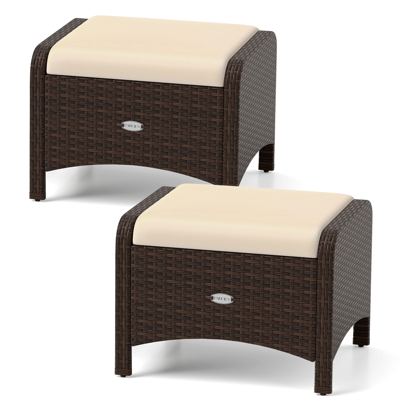 Costway Lot de 2 Tabourets de Jardin Pouf Extérieur en Rotin Tressé Coussin Rembourré Assise Supplémentaire Table d’Appoint Charge 180 kg Brun