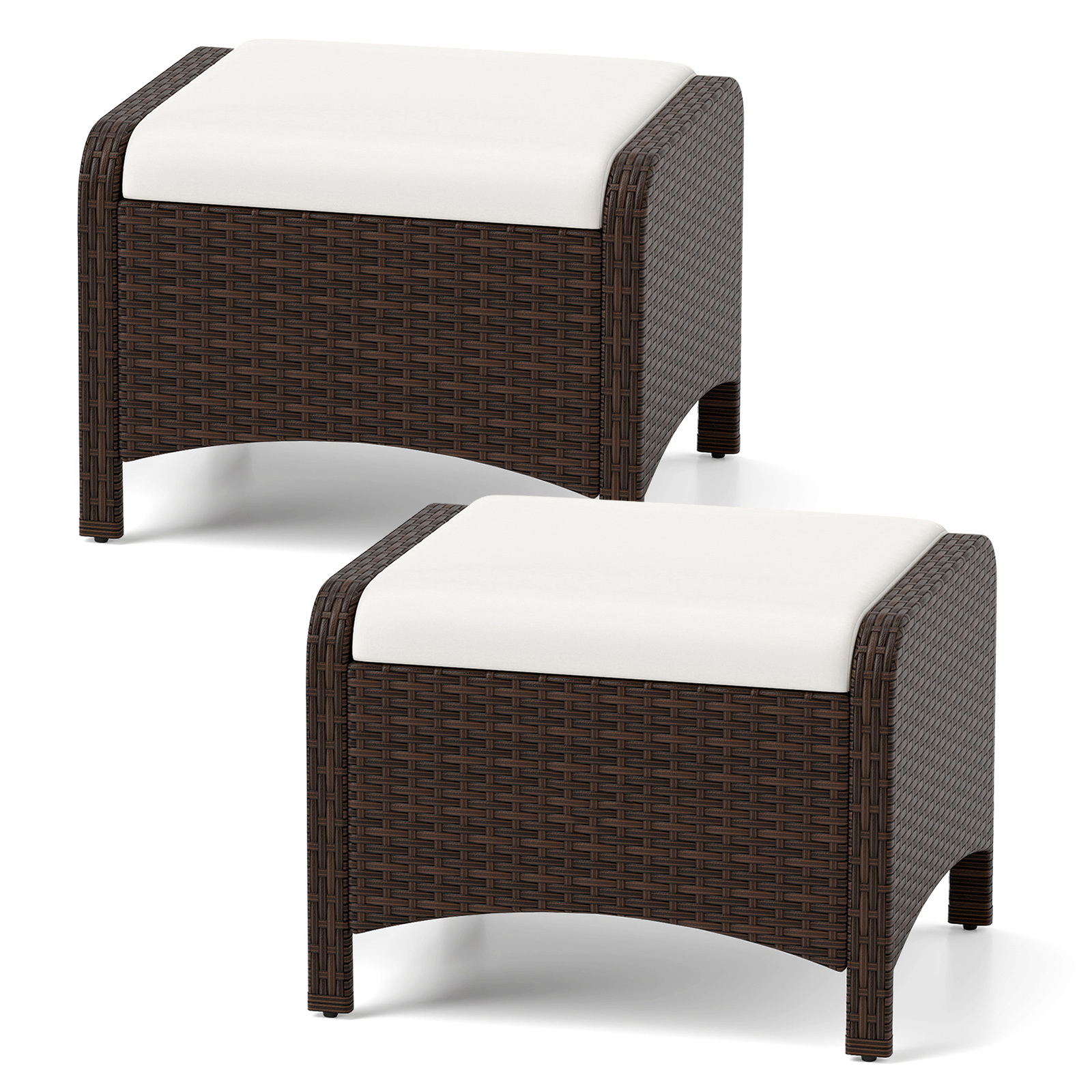 Costway Lot de 2 Tabourets de Jardin Pouf Extérieur en Rotin Tressé Coussin Rembourré Assise Supplémentaire Table d’Appoint Charge 180 kg Blanc