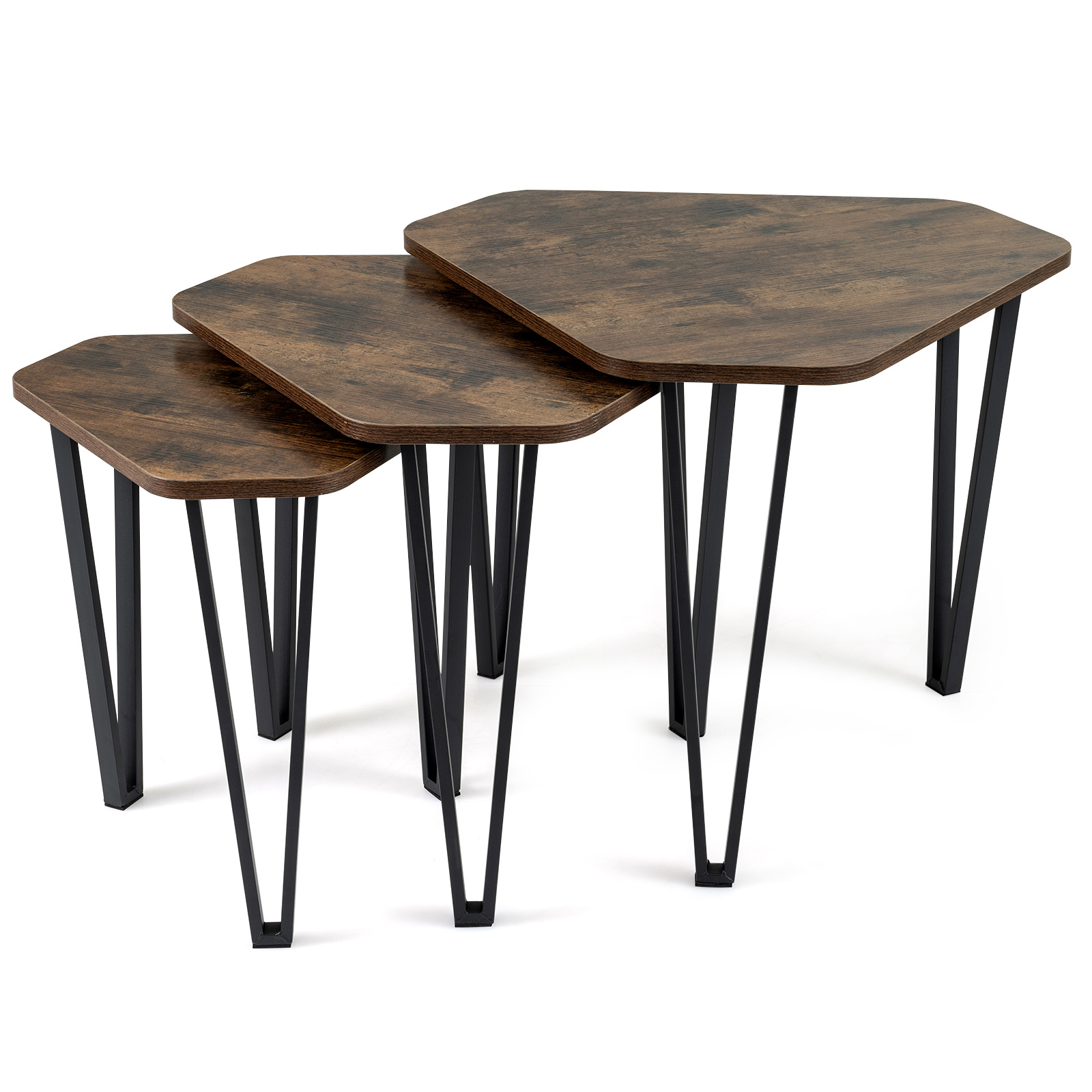 Costway Lot de 3 Tables Basses Gigognes Tables d'Appoint Empilables avec Plateau Épais Cadre en Métal Charge 20/20/10 kg Marron Rustique