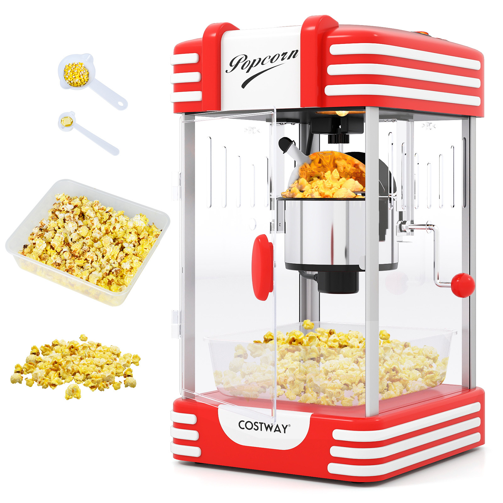 Costway Machine a Pop Corn Rétro Appareil Pop Corn 300W avec Lumière Halogène Cuillères Plateau Amovible&Manivelle Chauffe 3-5 Minutes Rouge