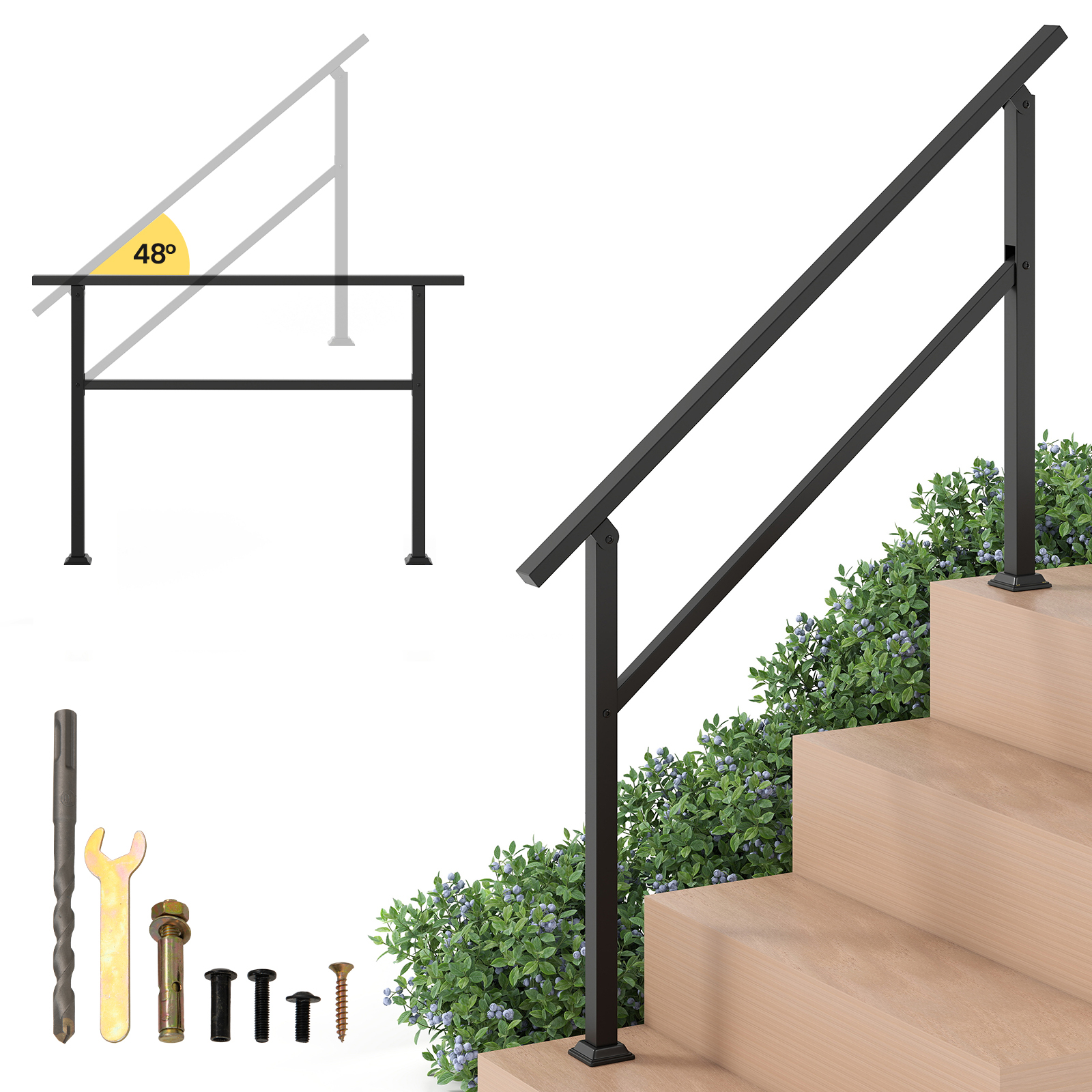 Costway Main Courante pour Escalier Extérieure en Métal Rampe d'Escalier Compatible avec les Marches Réglage d'Angle Flexible Kit d'Installation