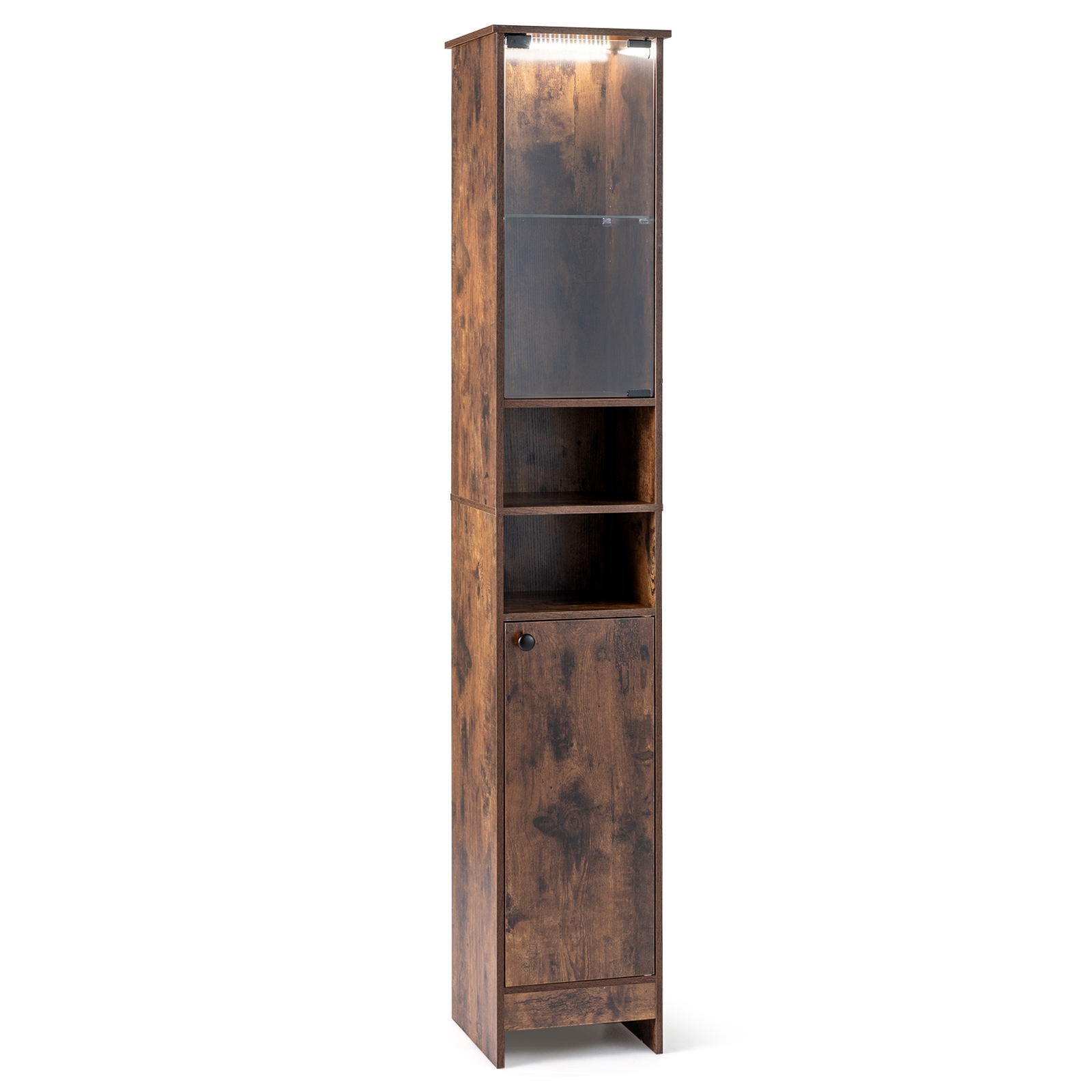 Costway Meuble Salle de Bain 170cm LED Télécommande Colonne de Rangement avec Placard à Porte Verre Étagères Réglables&Compartiments Marron