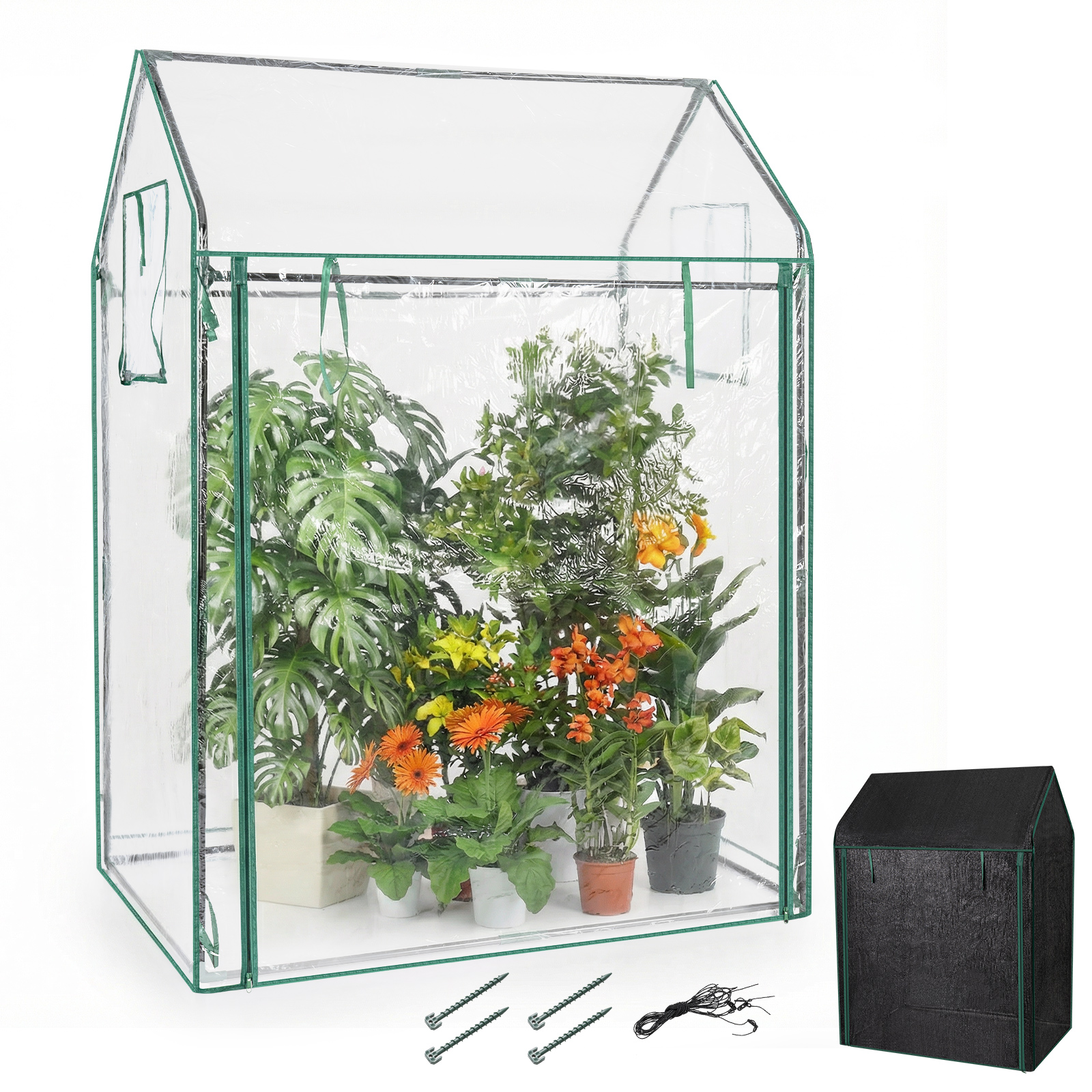 Costway Mini serre à Tomates 129 x 80 x 173 cm Housse Transparente en PVC Filet d'Ombrage Noir Porte et Fenêtres Piquets Transparent
