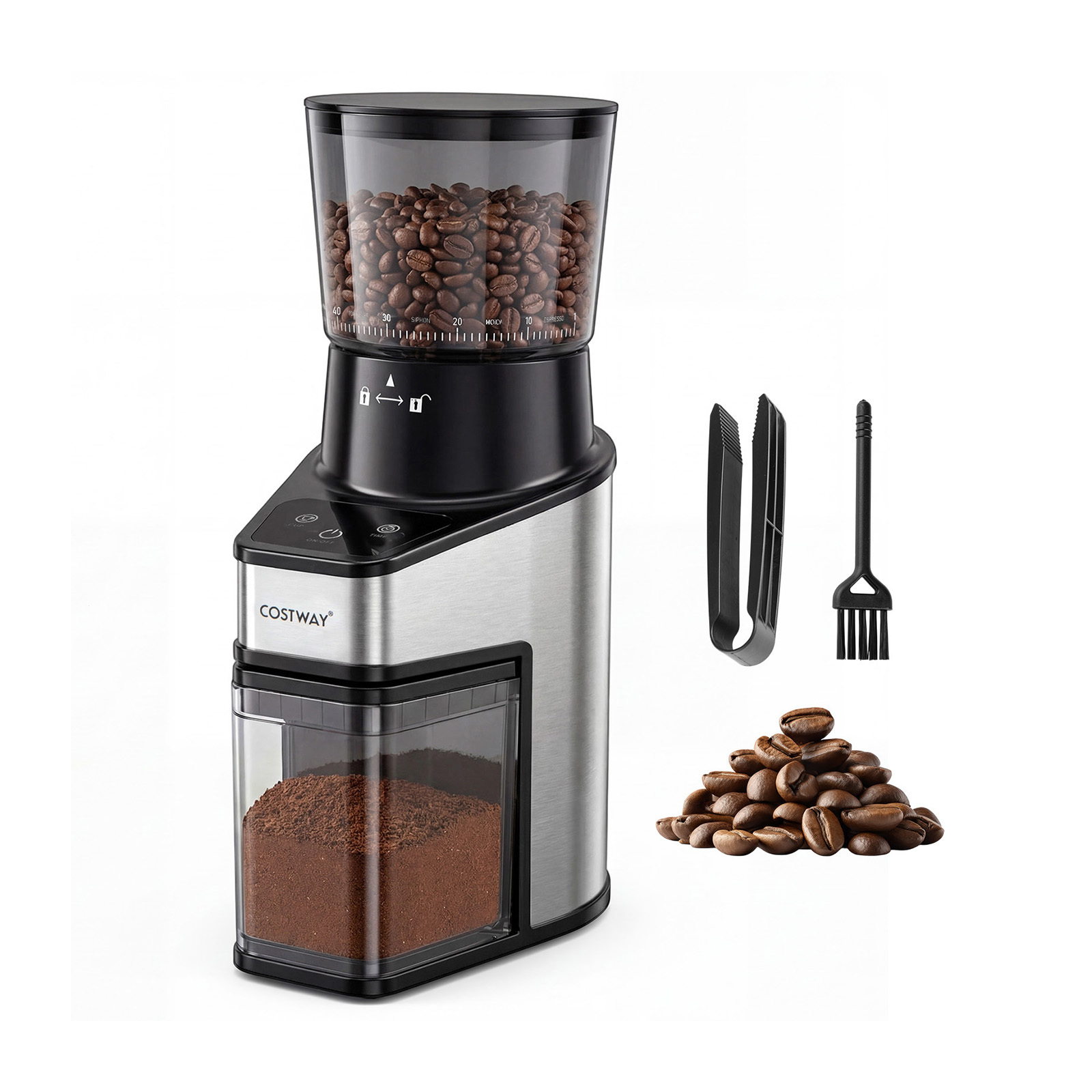 Costway Moulin à Café Électrique à Meule Conique pour 1-8 Tasses Broyeur à Grains Anti-Statique avec Écran Tactile 60 Réglages de Mouture Argent