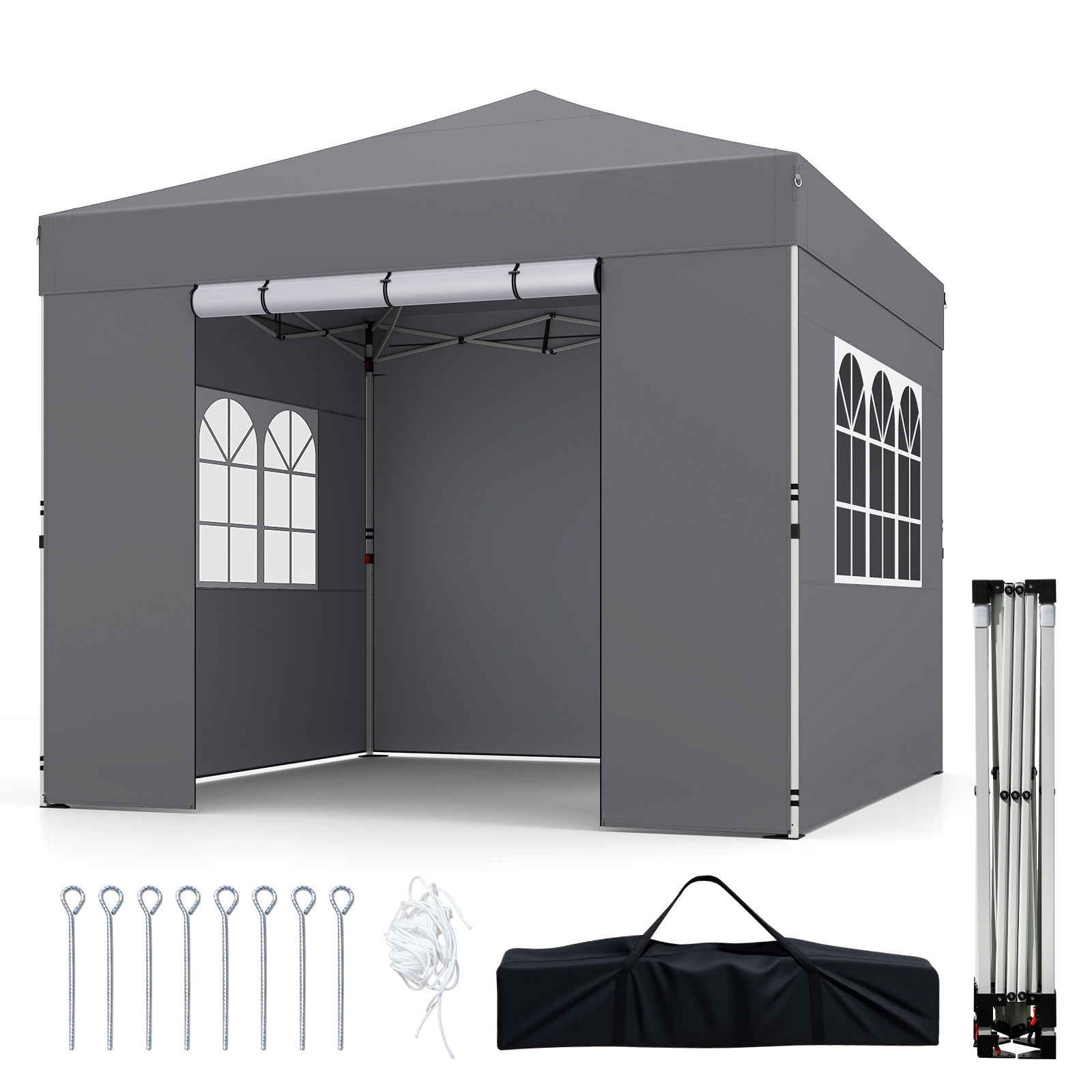 Costway Tonnelle Pliante 3 x 3 m Tonnelle de Jardin avec Parois Latérales Amovibles Hauteur Réglable Sac de Transport Tente Imperméable Gris