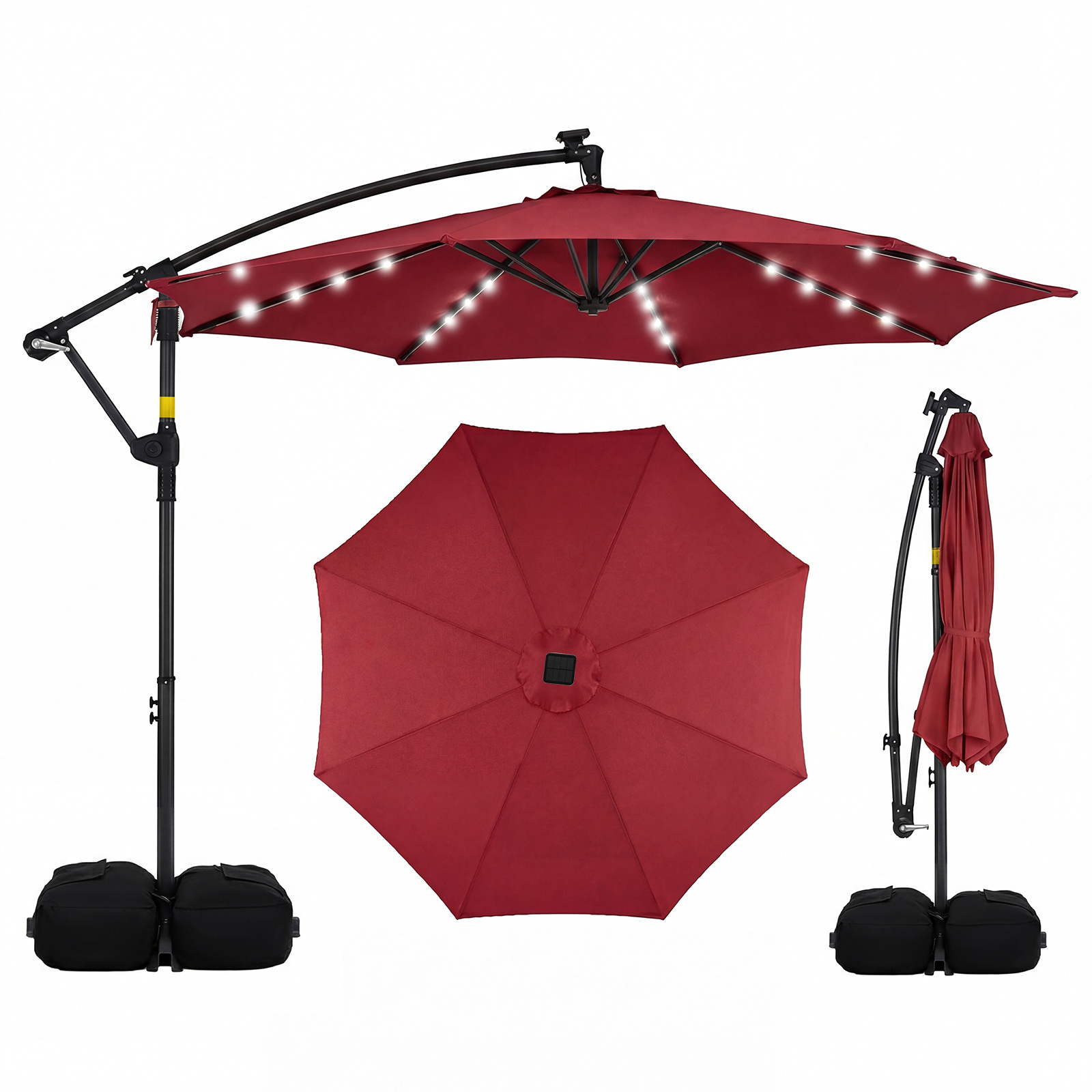 Costway Parasol Déporté 3 x 3M Parasol de Jardin avec Lumière Solaire Rotation 360° 8 Baleines en Métal Toit de Ventilation 2 Sacs de Sable Rouge