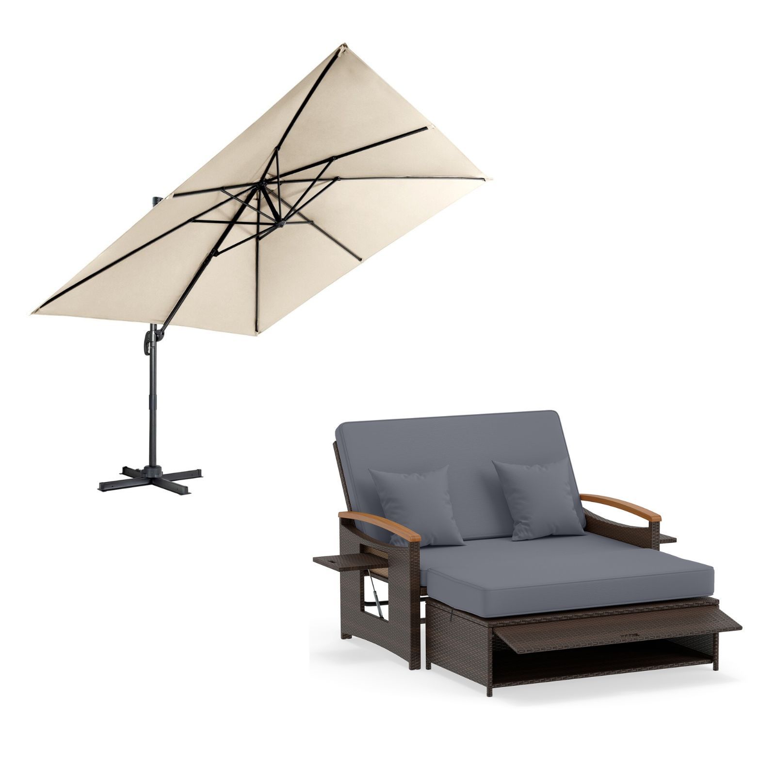 Costway Parasol Déporté Inclinable 3x3M avec Base Croisée Rotation à 360° Beige+Ensemble Canapé-lit en Rotin Rangement Dossier Réglable Gris