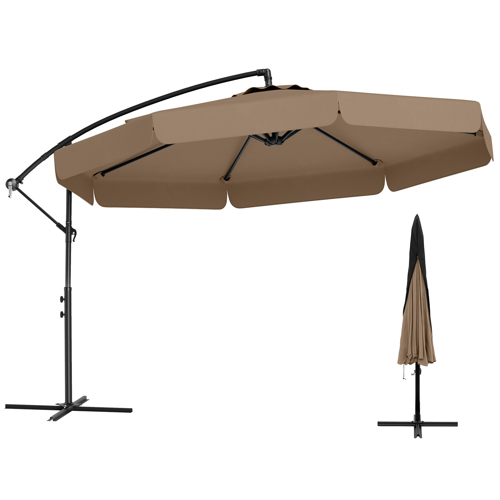 Costway Parasol Déporté de 305 cm avec Housse avec Réglage Facile de l'Inclinaison Manivelle Bord Froncé 8 Baleines Toile Protection Solaire Brun