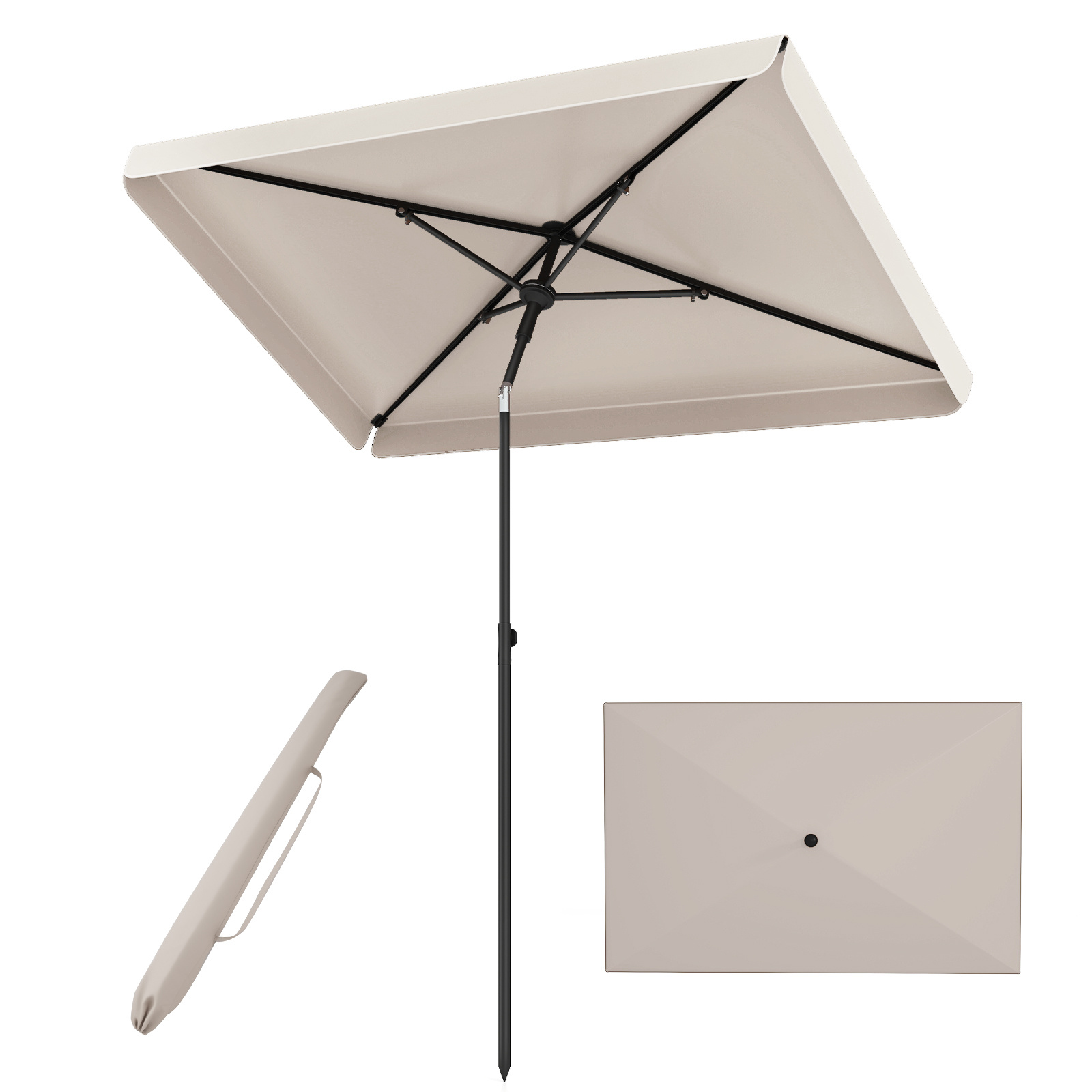 Costway Parasol Inclinable Rectangulaire 200 x 130 CM Parasol avec Inclinable sur 30° Structure Métallique Sac de Transport Sans Base Beige