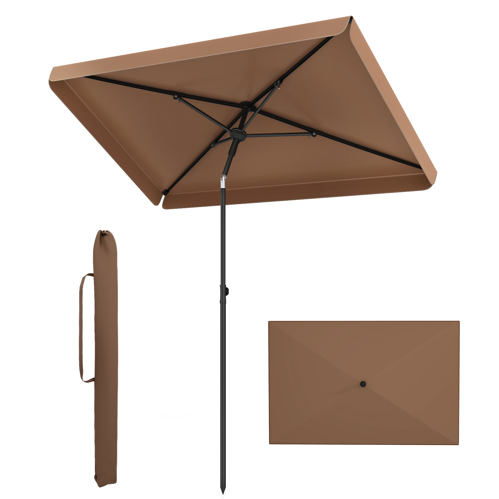 Costway Parasol Inclinable Rectangulaire 200 x 130 CM Parasol avec Inclinable sur 30° Structure Métallique Sac de Transport Sans Base Marron