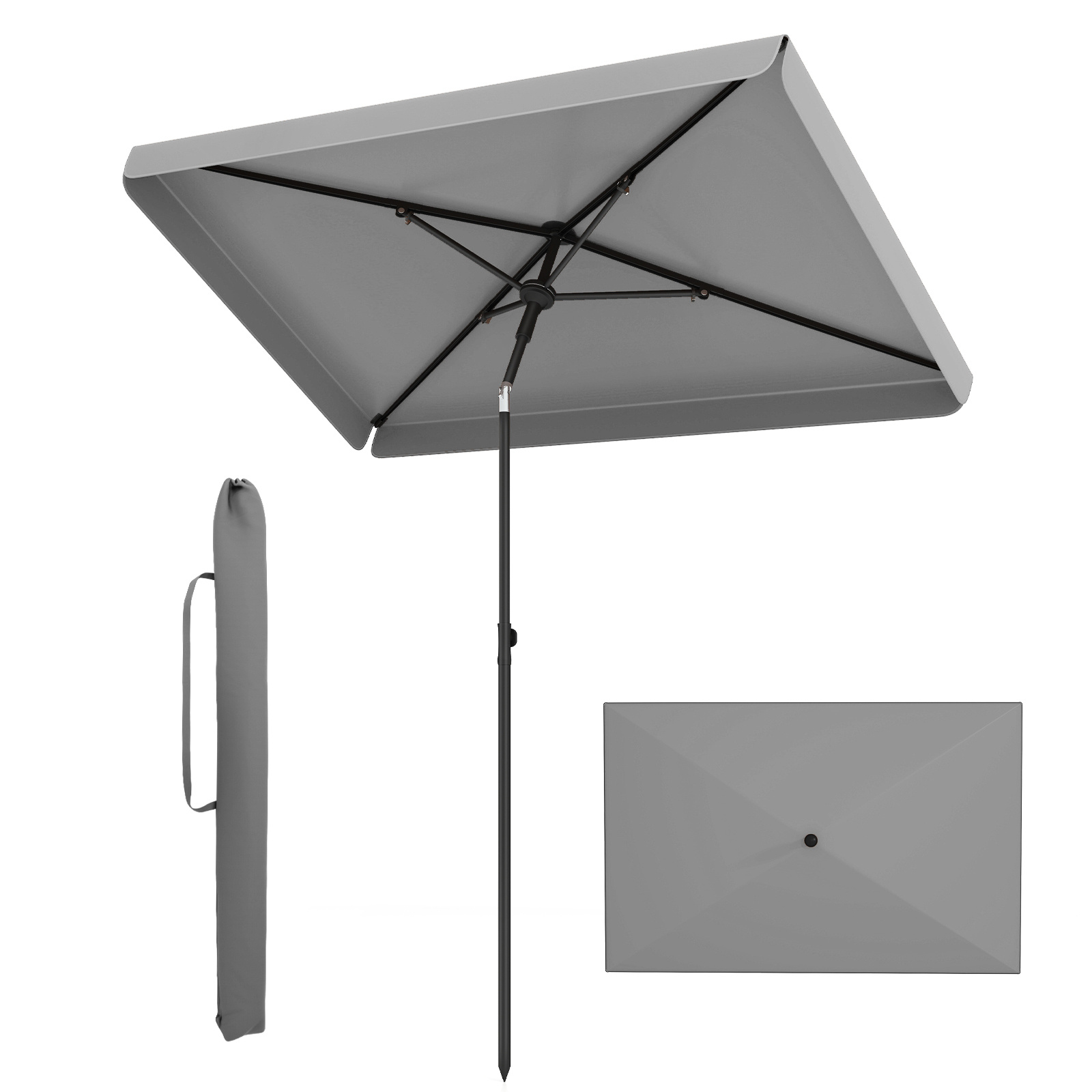 Costway Parasol Inclinable Rectangulaire 200 x 130 CM Parasol avec Inclinable sur 30° Structure Métallique Sac de Transport Sans Base Gris