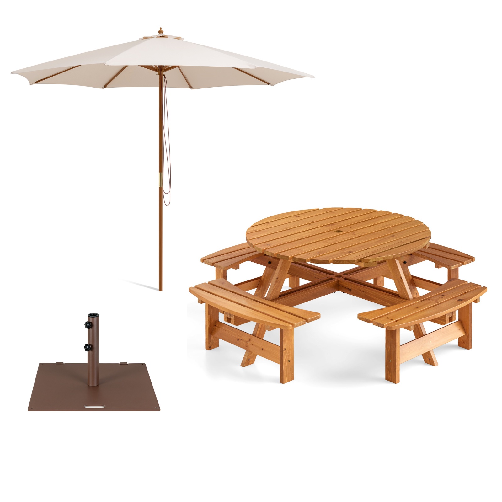 Costway Parasol de 300 Cm Parasol de Table Beige + Base de parasol 22,5 kg Support de Parasol Marron + Ensemble Table de Pique-Nique en Bois Jaune