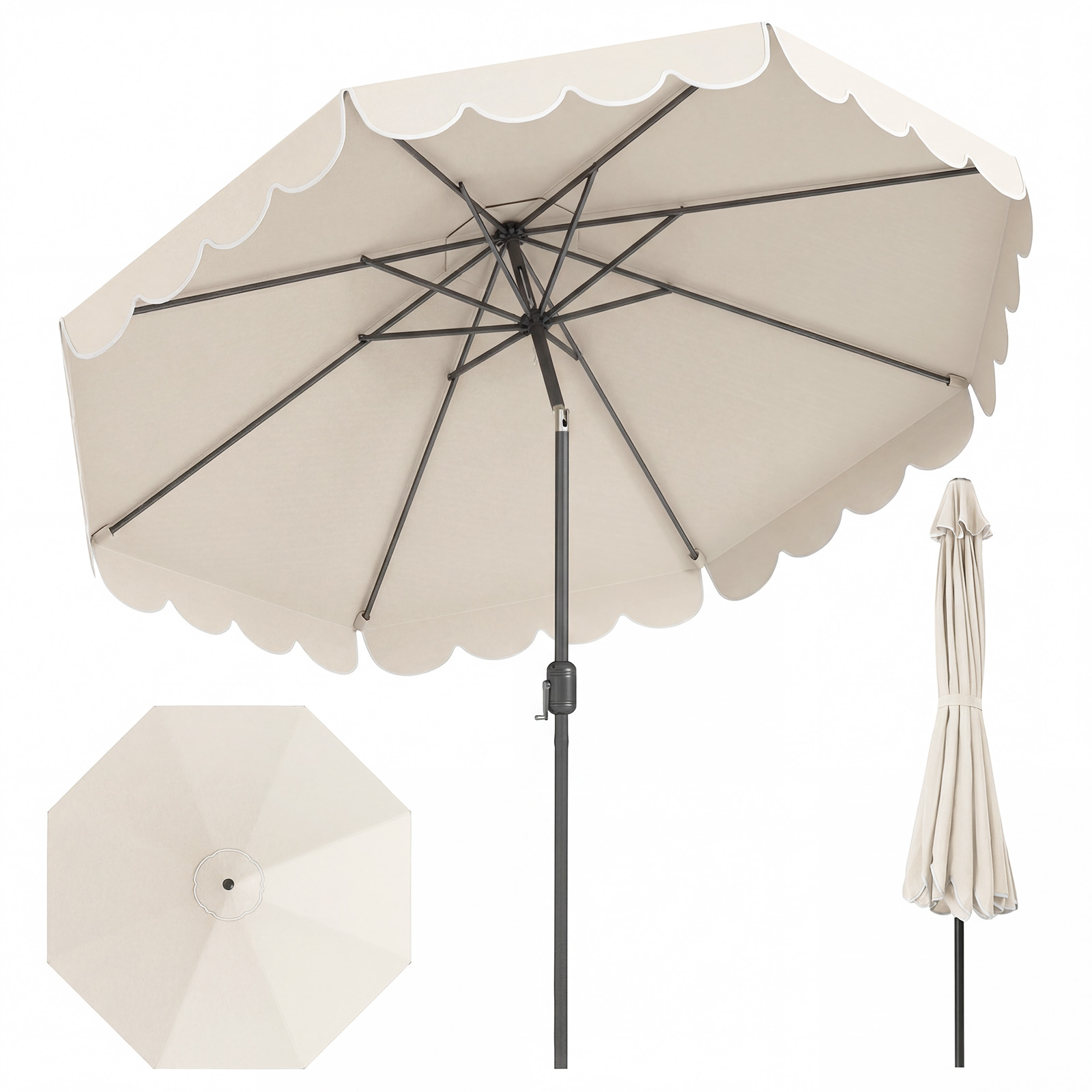 Costway Parasol de Patio 3M Parasol de Marché avec Manivelle Réglage de l'Inclinaison Volants Dessus Ventilé 8 Baleines Parasol Double Beige