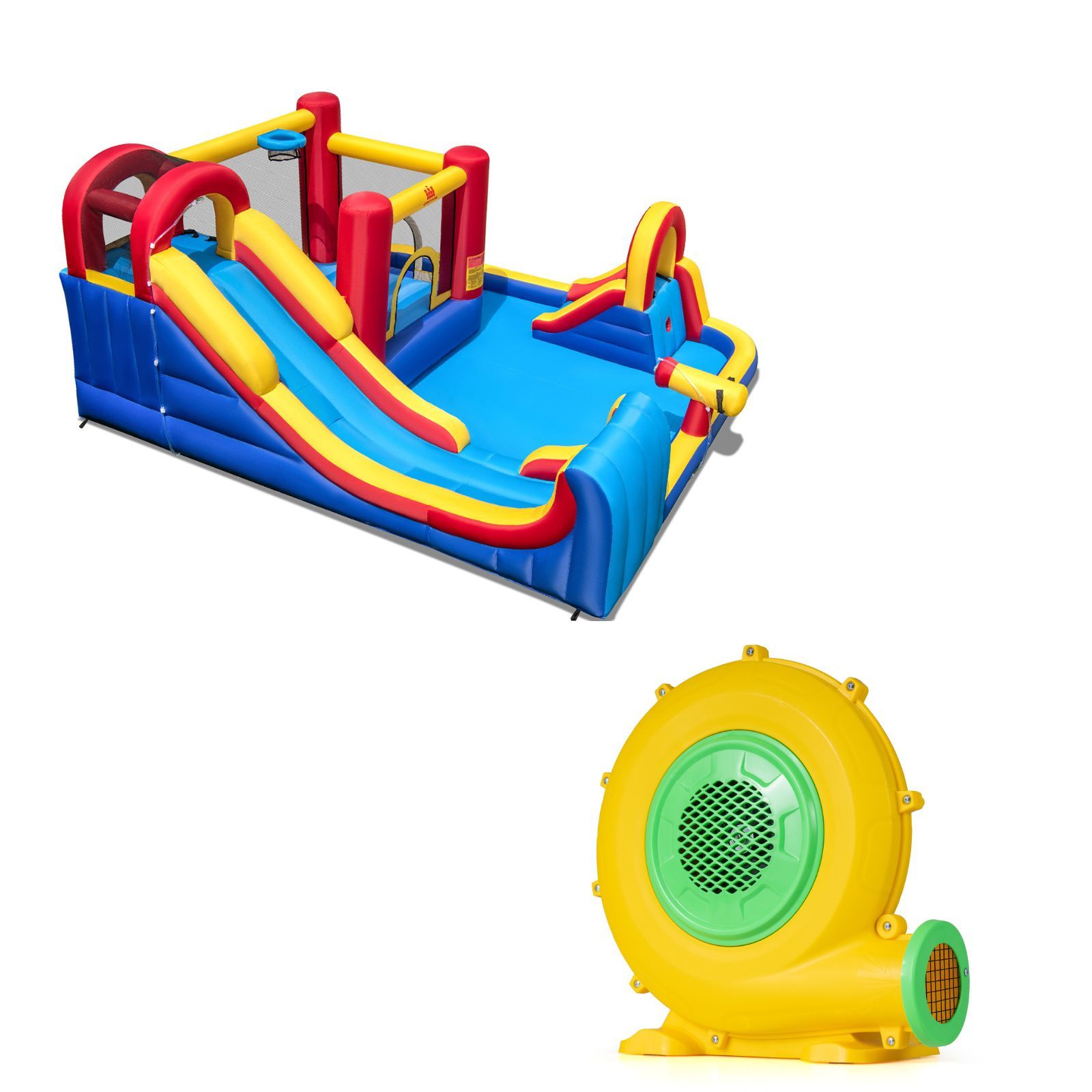 Costway Parc Aquatique Gonflable Enfants avec Double Toboggans 2 Bassins Pistolet à Eau Aire de Saut&Panier de Basket avec Souffleur de 680W