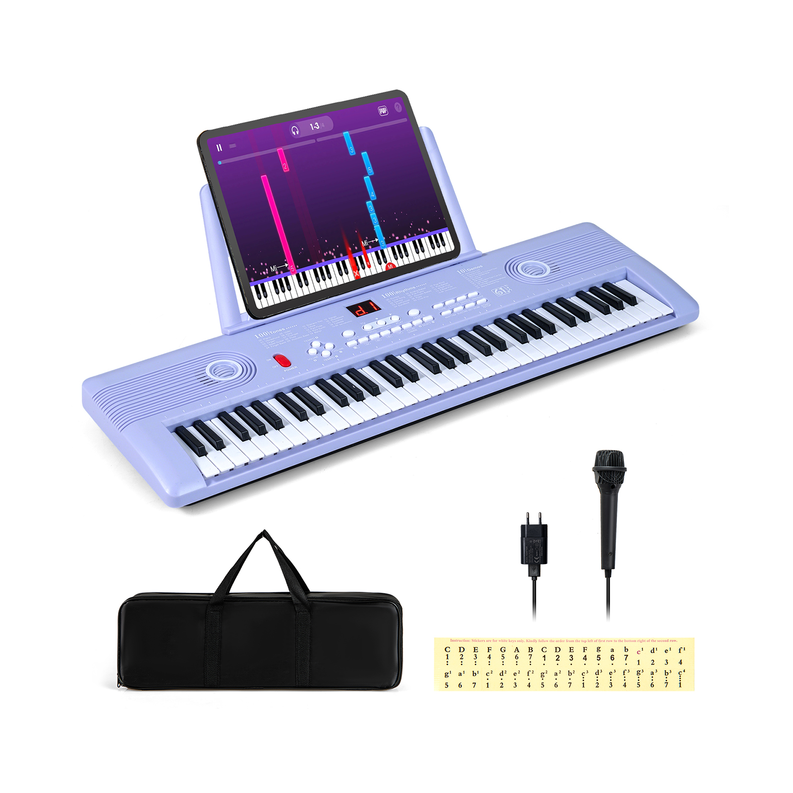 Costway Piano Electronique à 61 Touches pour Débutants Piano Numérique Portable Electrique avec Pupitre Microphone Sac de Transport Violet