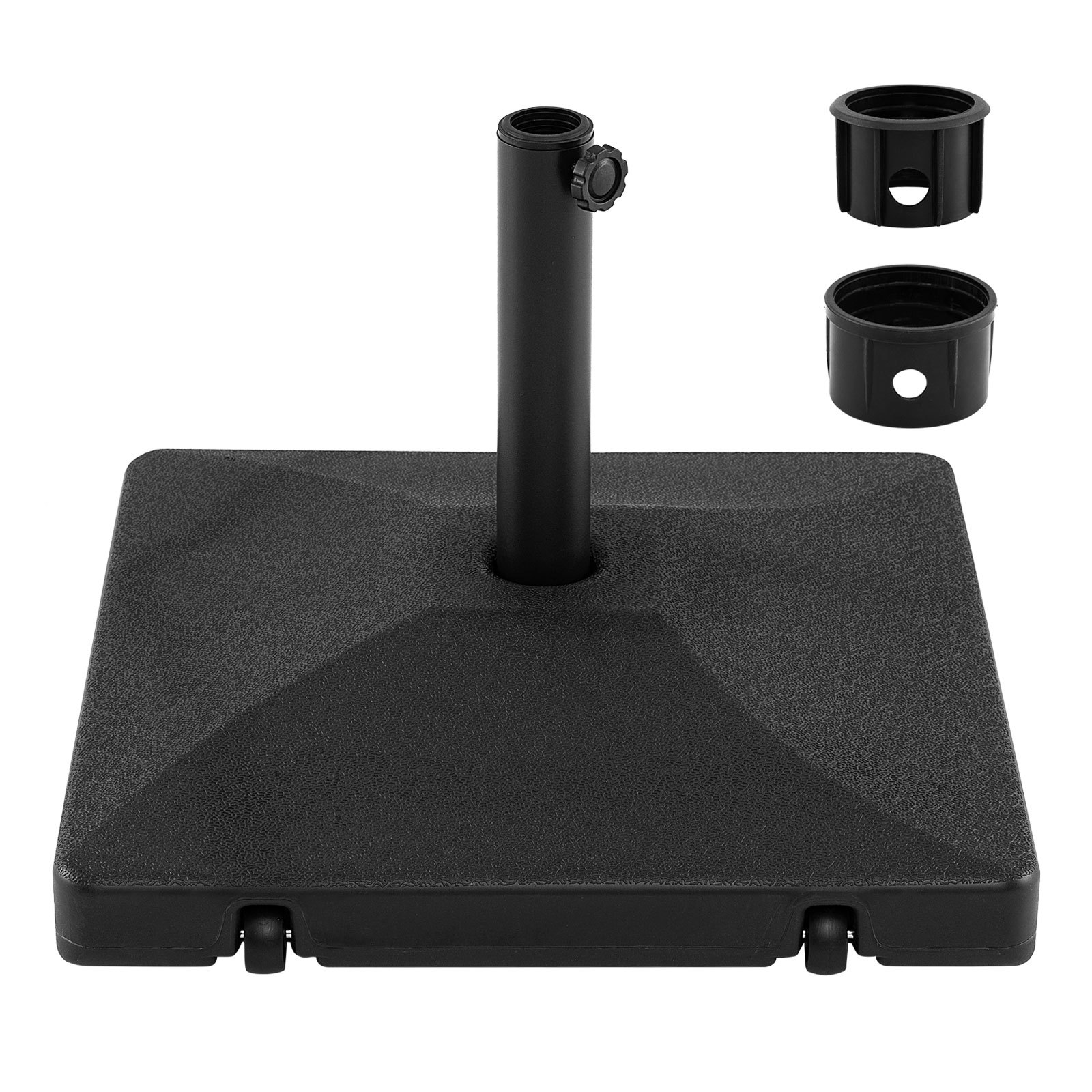Costway Pied de Parasol Carrée Socle en HDPE 2 Roulettes Jusqu'à 37 KG avec Sable ou 26 KG avec Eau 55x55x41CM pour Mât de φ39-49MM Noir