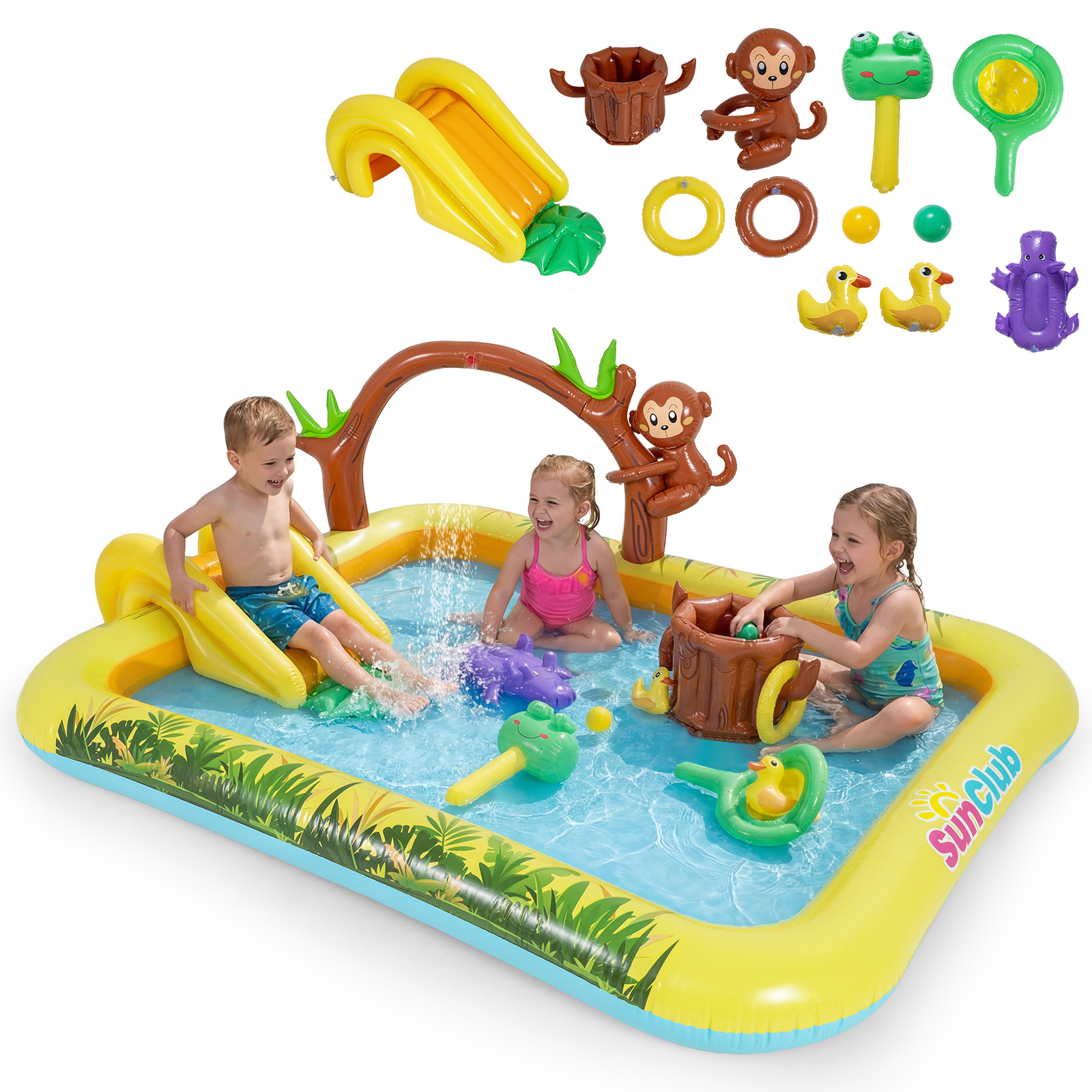 Costway Piscine Gonflable pour Enfant Centre de Jeux Aquatique sur le Thème de Jungle Fontaine Toboggan Rampe d'Escalade Jeu de Lancer d'Anneaux