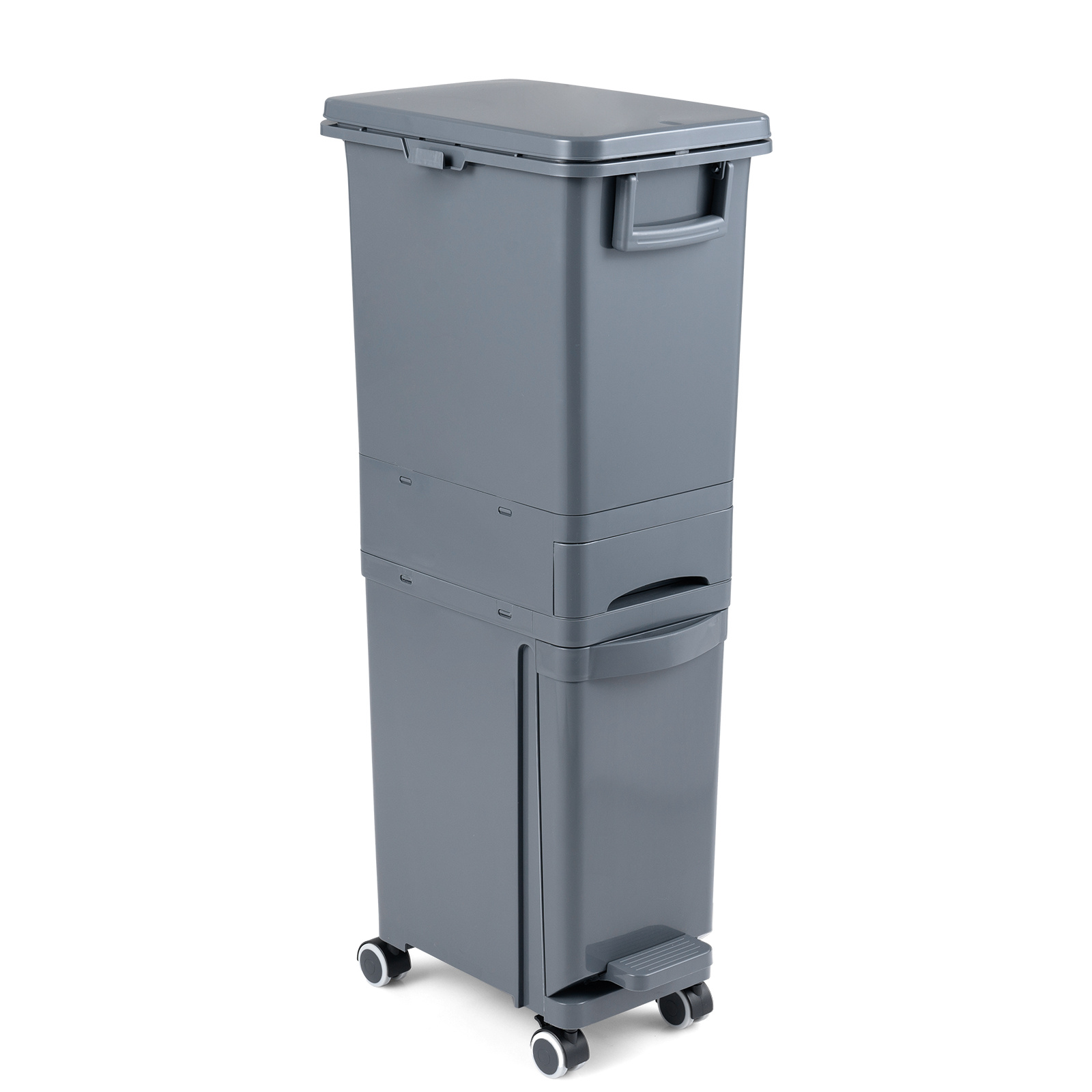 Costway Poubelle à Pédale en Plastique Bac à Ordures de Cuisine avec Bac Inférieur Inclinable Tiroir Central 2 Compartiments Supérieurs Gris