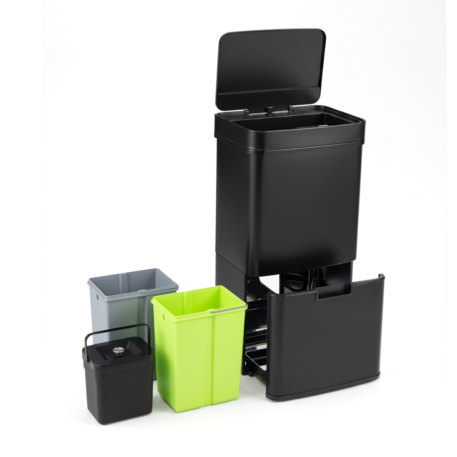 Costway Poubelle de Cuisine 72 L Tri Sélectif 2 Niveaux avec Bacs Roulettes Compartiments Séparés en Acier Inoxydable Noir