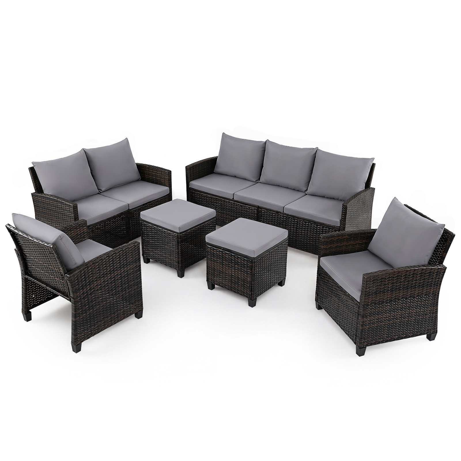 Costway Salon de Jardin 6 Pièces en Rotin avec Canapé 3 Places Canapé 2 Places 2 Fauteuils 2 Poufs Polyvalents Coussins Amovibles Gris