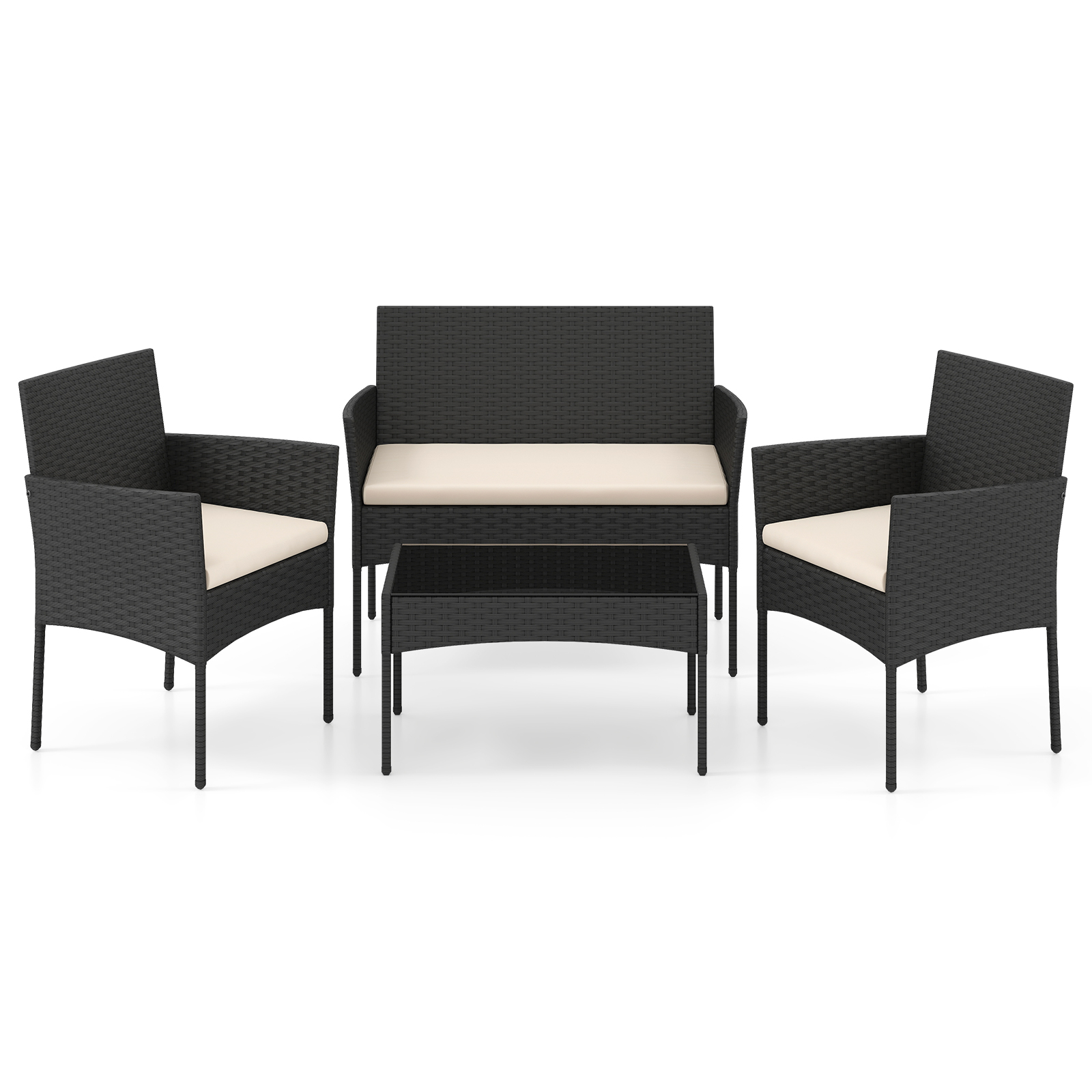 Costway Salon de Jardin en Résine 4 Pièces avec 2 Fauteuils 1 Canapé 2 Places et Table Basse Plateau en Verre Trempé Coussins Amovibles Beige