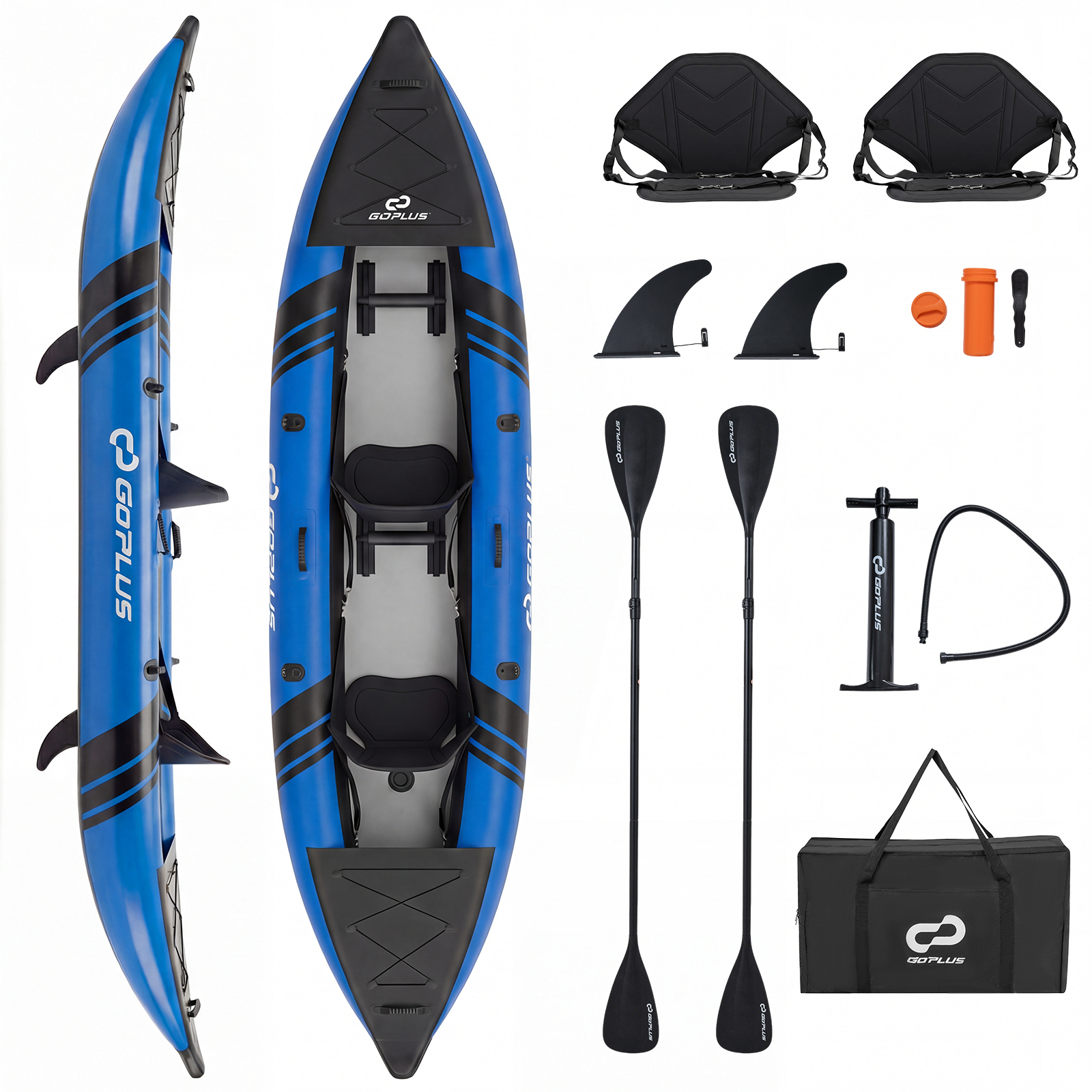 Costway Set de Kayak Gonflable Canoë avec 2 Sièges Rembourrés et Repose-pieds Réglables Pagaie Sac de Transport 381 x 94 x 40 cm Charge 230 KG Bleu