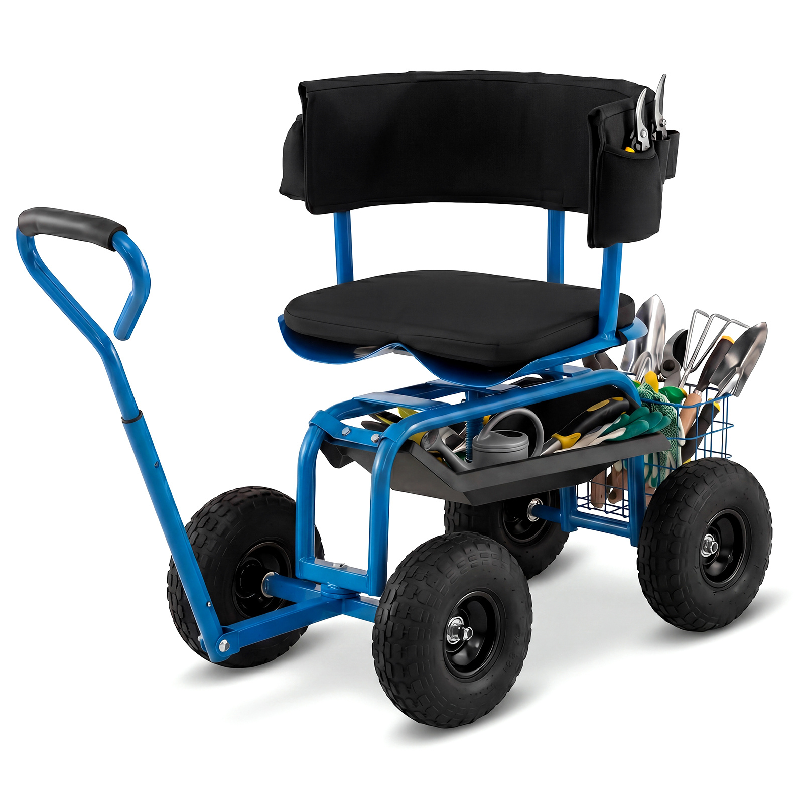 Costway Siège de Jardin Roulant Chariot de Jardinage avec Siège Pivotant à 360° Hauteur Réglable Poignée Extensible Panier de Rangement Bleu