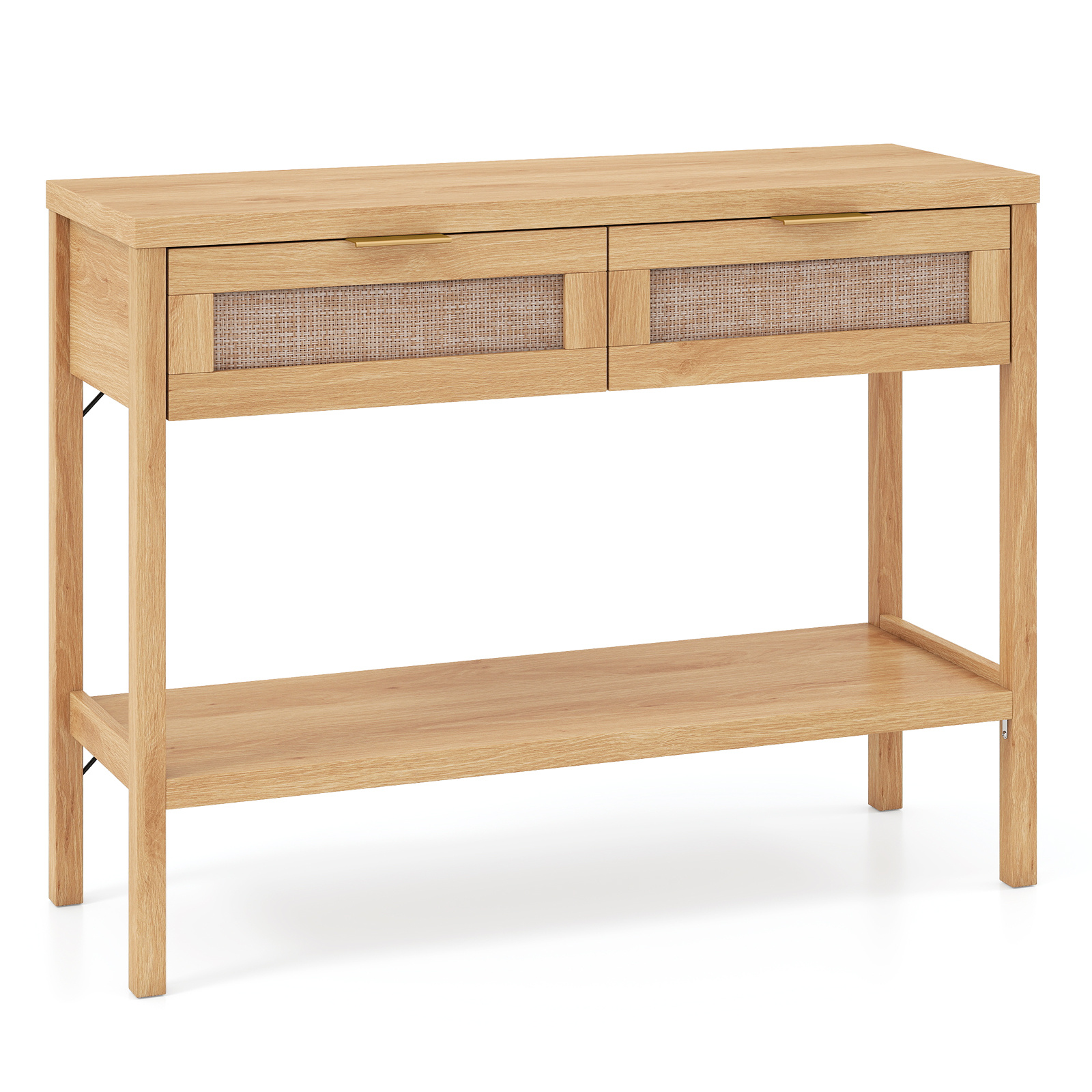 Costway Table Console en Rotin Table d'Entrée avec Étagère Ouverte et 2 Tiroirs Anti-Basculement Table de Style Ferme 100 x 35 x 76 CM Naturel