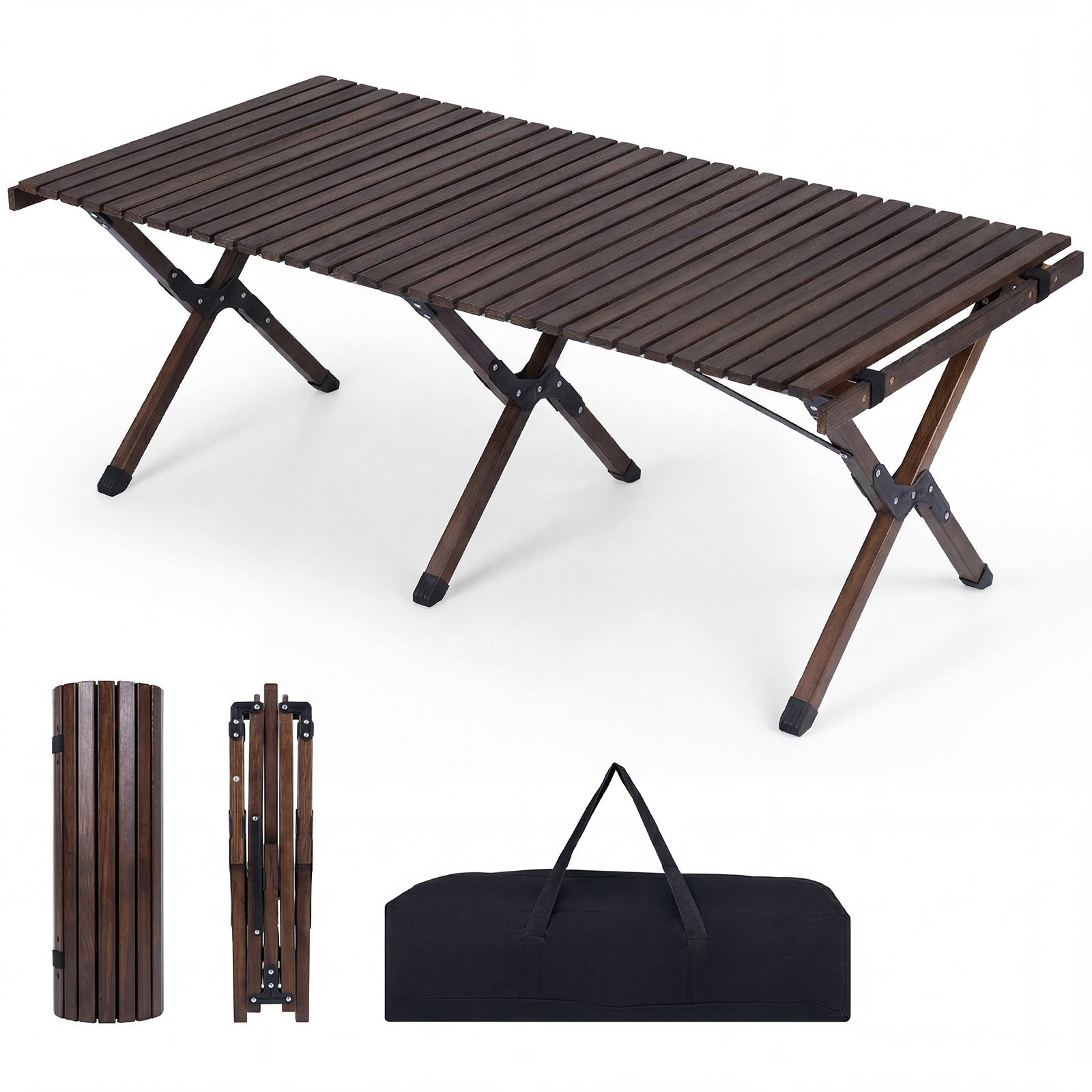 Costway Table de Camping Pliante en Bois Table de Pique-nique 4-6 Personnes Plateau à Lattes Enroulable Sac de Transport 122 x 60 x 45 cm Café